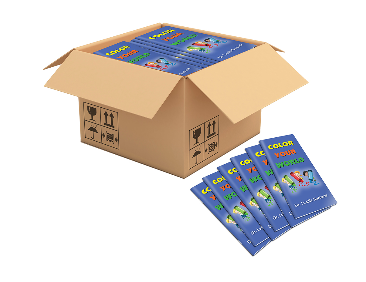 Open cardboard box with colorful booklets inside and five booklets outside the box, displaying bright covers.