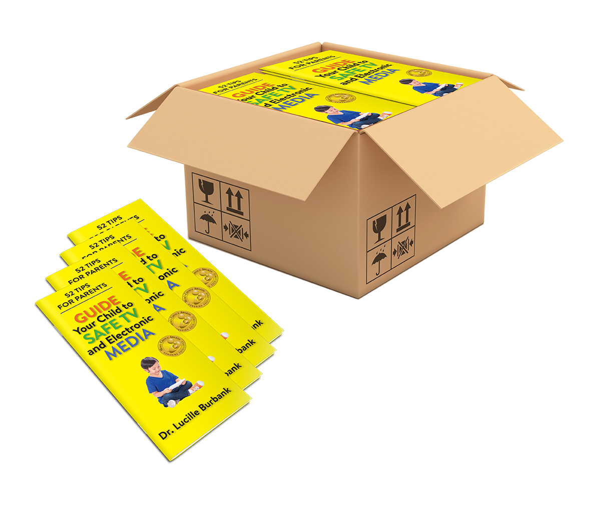 Open cardboard box with yellow pamphlets inside and outside, displaying text and images, on a white background.