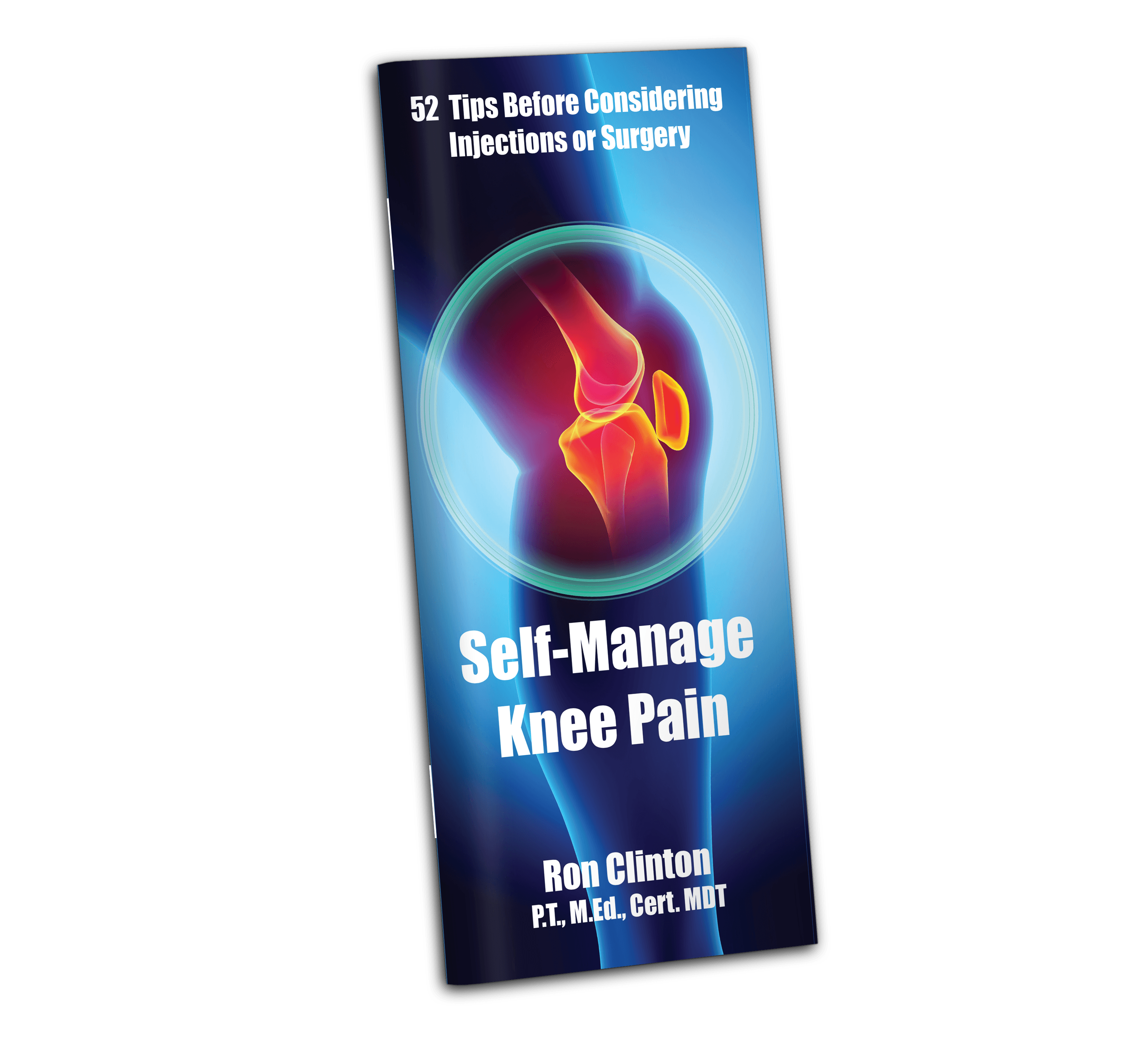 Book cover titled 'Self-Manage Knee Pain' with an illustration of a knee joint in red and yellow.