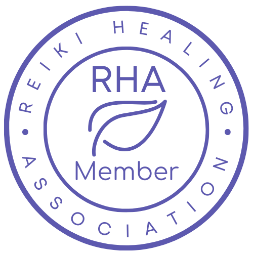 Circular logo with text and leaf symbol, indicating membership in a healing and reiki association.