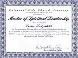 Certificate with decorative border, text about spiritual leadership, and signatures at the bottom.
