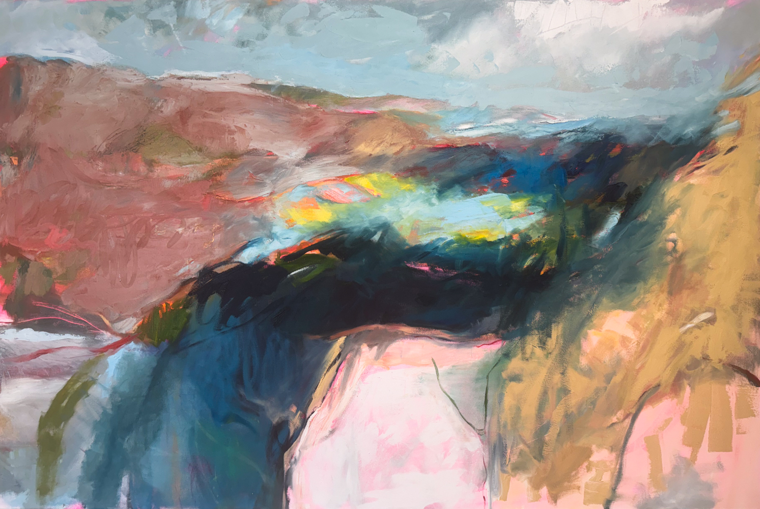 Abstract landscape with hills, sky, and a dark river or road, using soft pastel colors and loose brushstrokes.