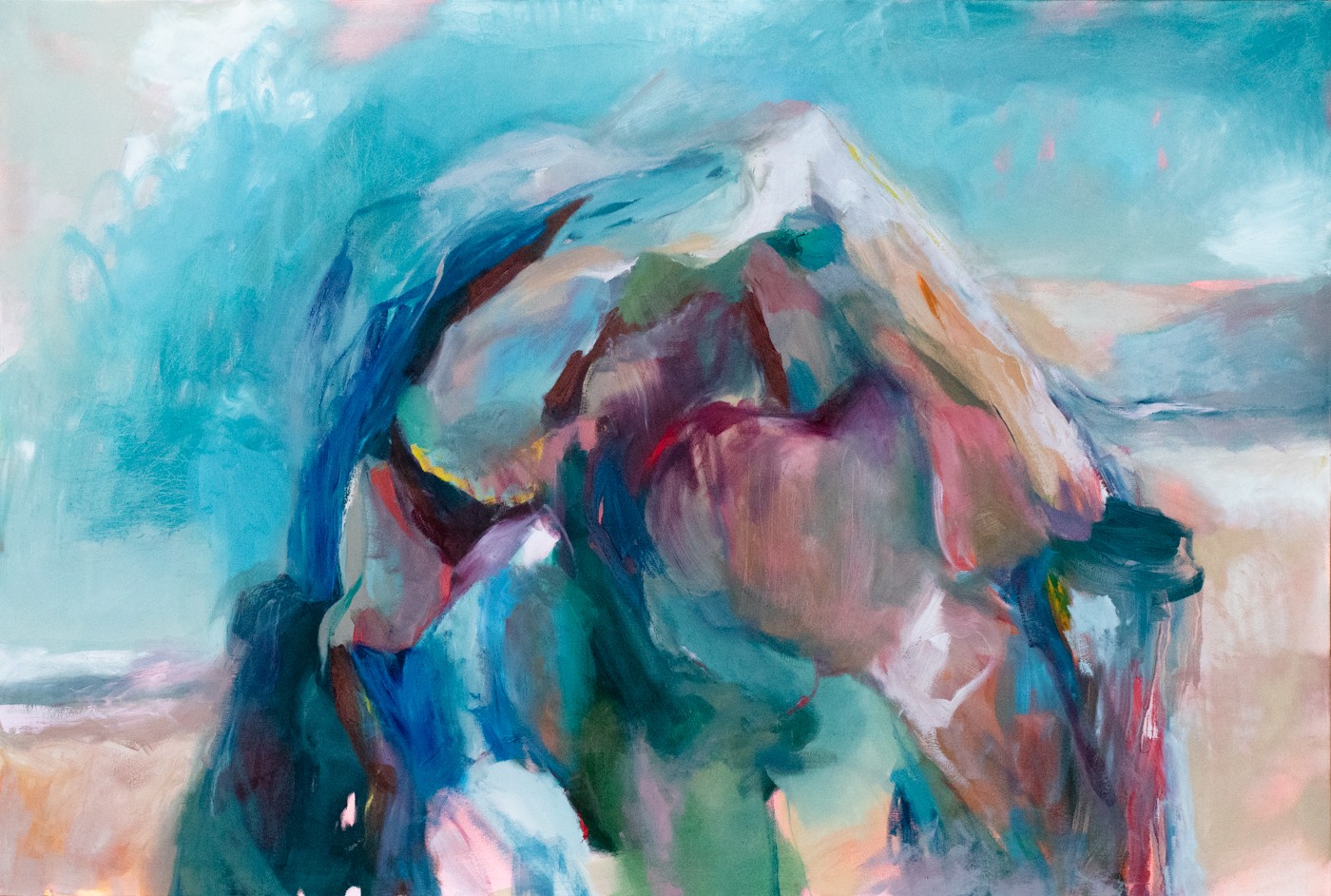 Abstract painting with a mountain-like shape in blue, pink, and purple hues, with a sky background.