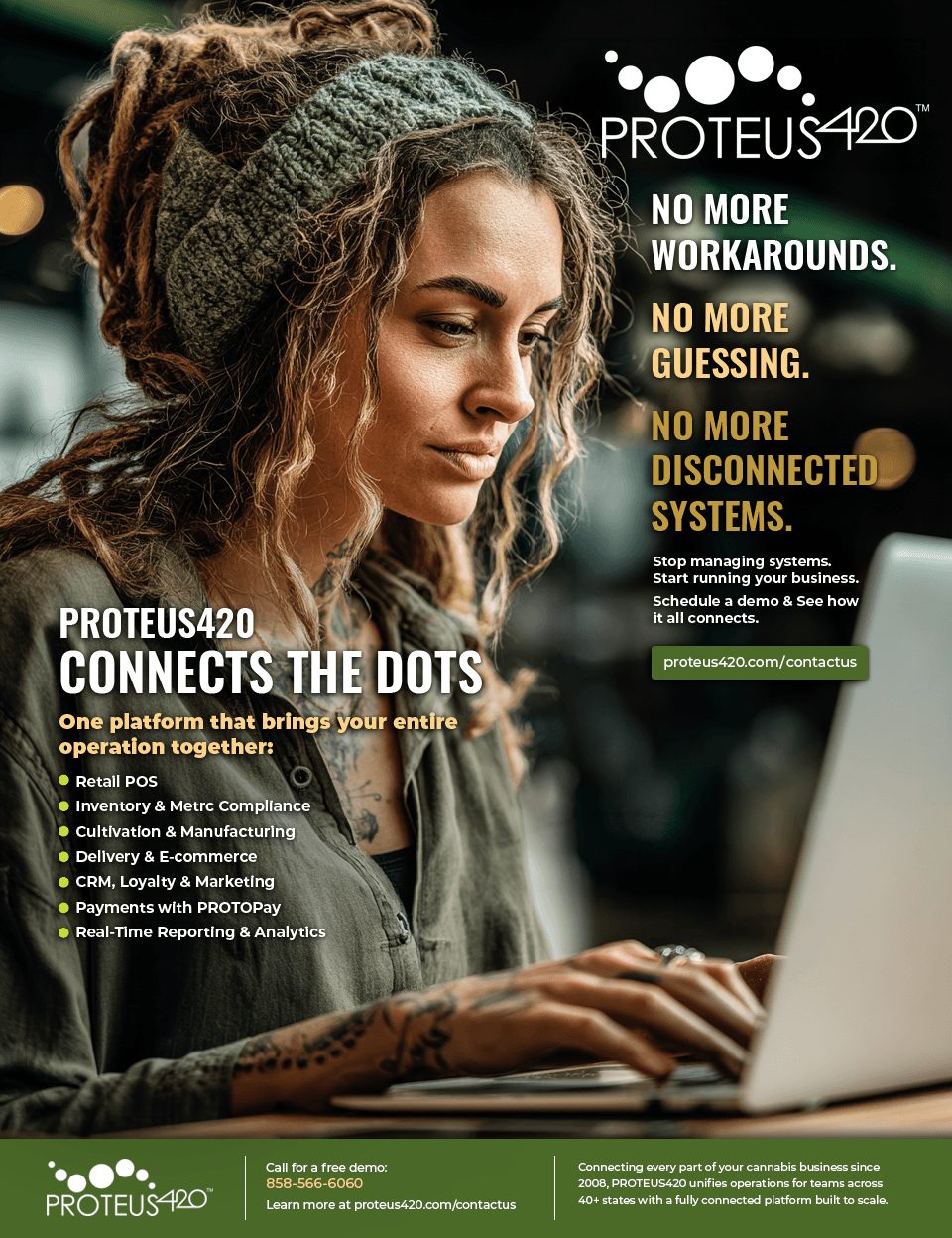 Young woman with curly hair and headband using a laptop, promotional poster for Proteus420 with text about connectivity.