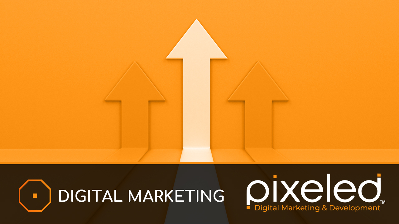 Three upward arrows on an orange background, with the middle arrow larger, representing growth or progress.
