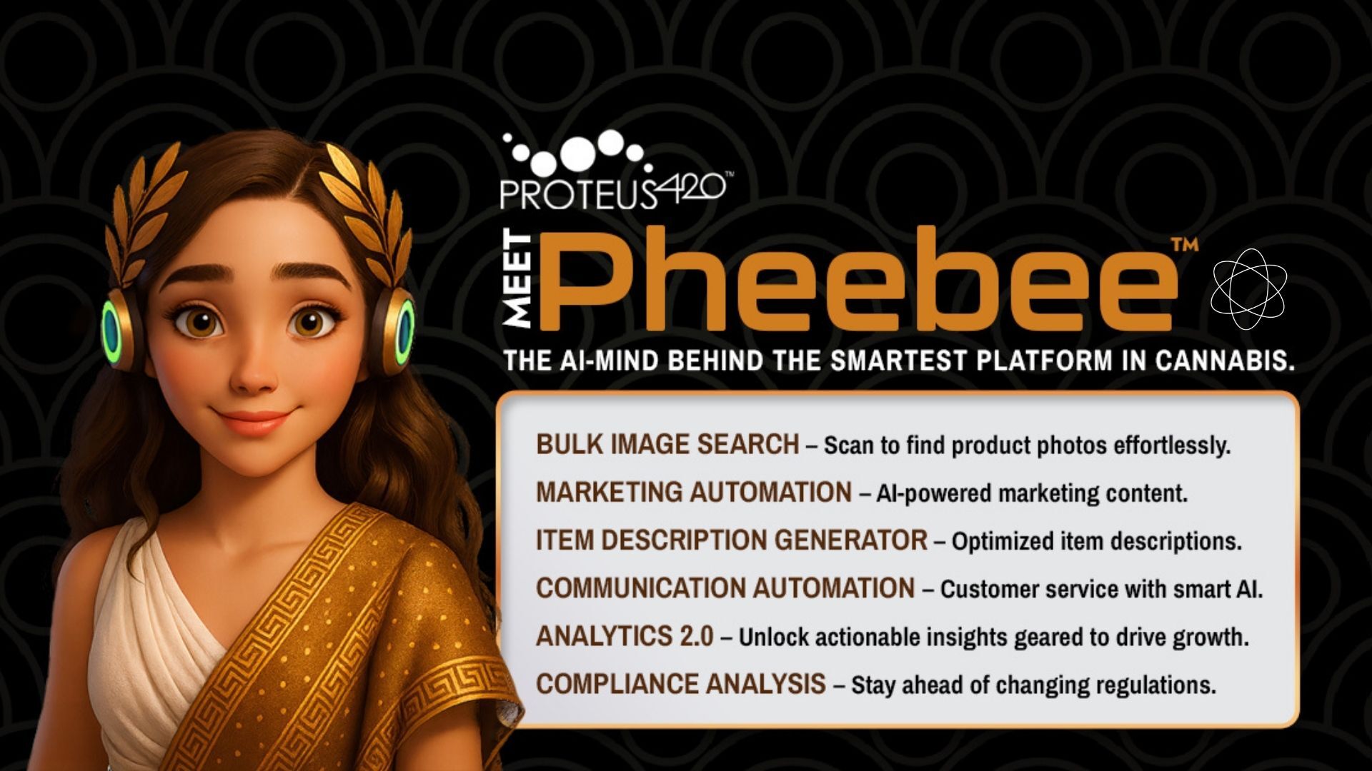 Logo with text and graphics promoting Pheebee, a cannabis platform, with a woman wearing headphones and a gold outfit.