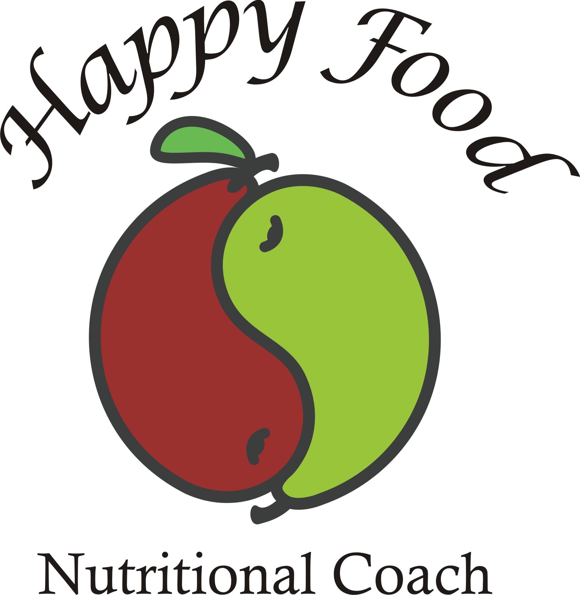 Yin-yang style apple logo with a green and red apple, and the text 'Happy Food' and 'Nutritional Coach' above and below.