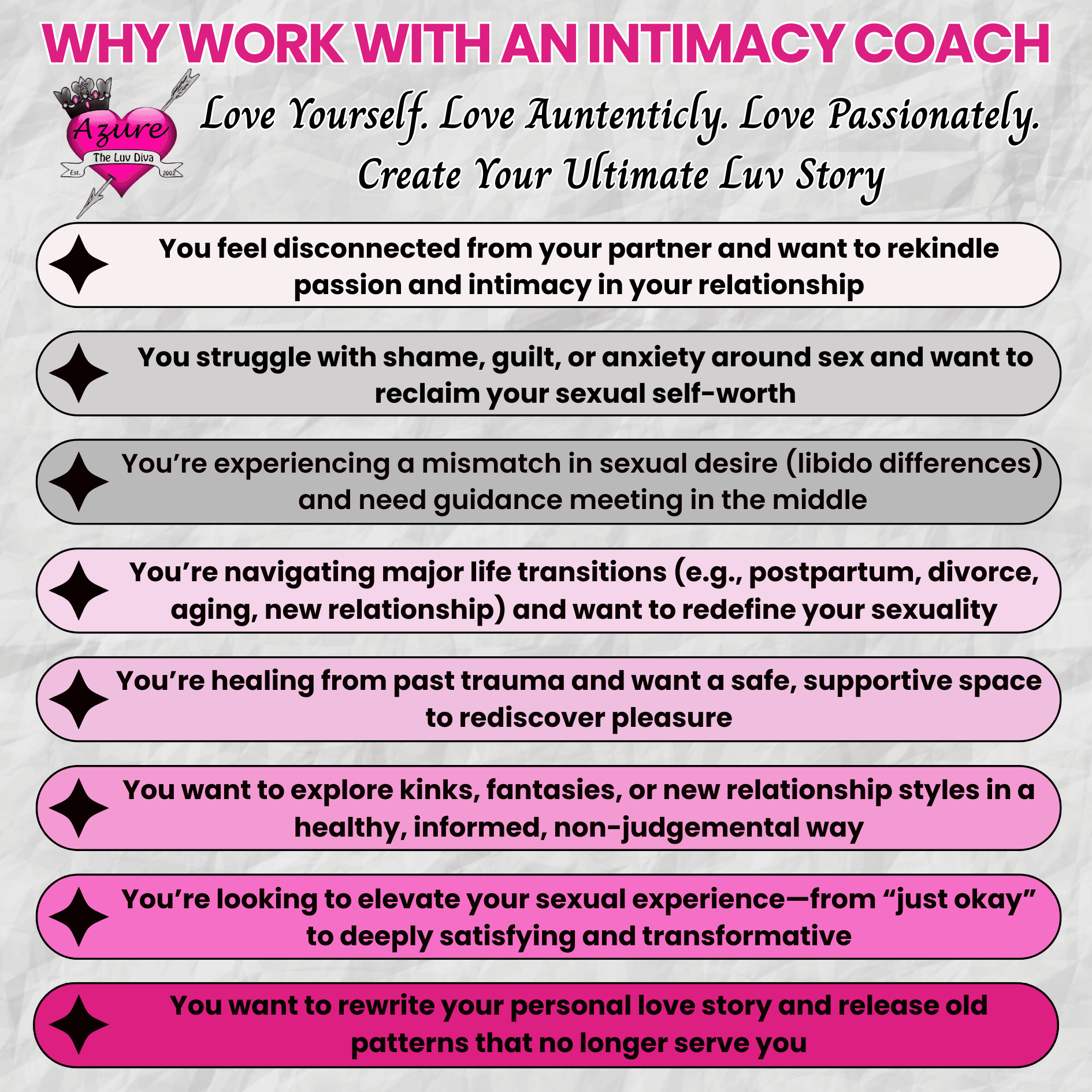 Text-based image promoting intimacy coaching with five bullet points and pink highlights, encouraging self-love and relationship growth.