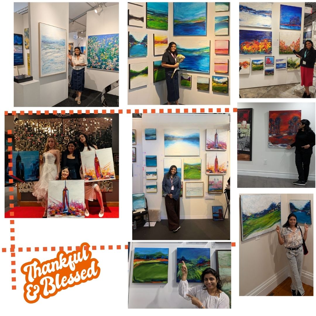 Gallery with people viewing and posing with landscape paintings, some standing and some sitting, in various gallery settings.
