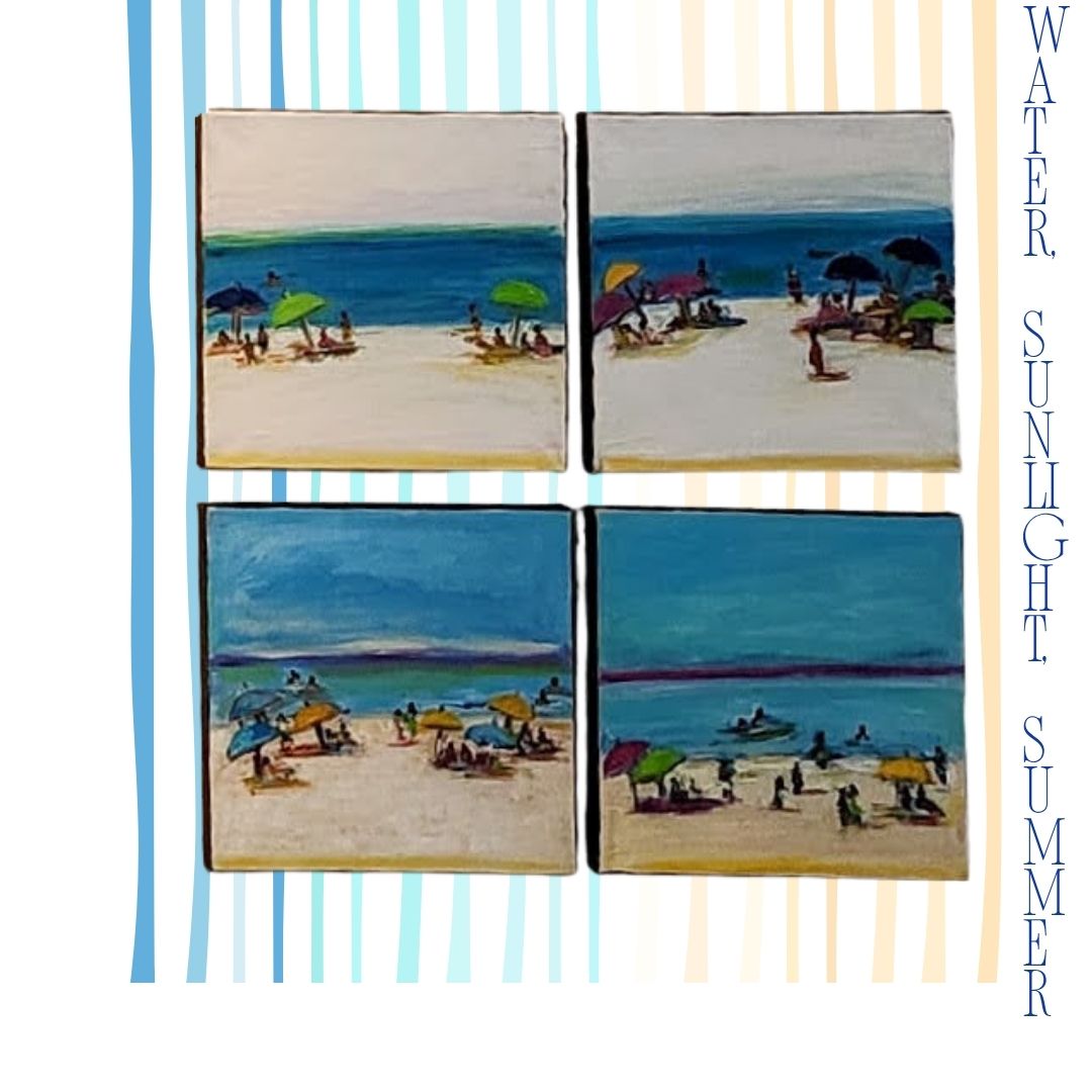 Four small beach scene paintings arranged in a 2x2 grid, depicting umbrellas, boats, and people on the sand and water.