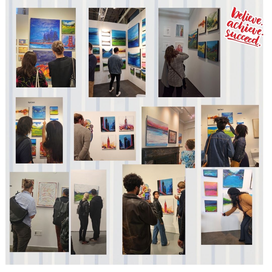 People viewing colorful landscape and cityscape paintings in an art gallery, with a motivational quote in the corner. Word count: 20.