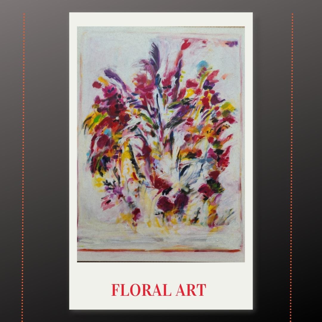 Abstract floral painting with vibrant colors and brushstrokes, framed and labeled 'FLORAL ART' at the bottom.