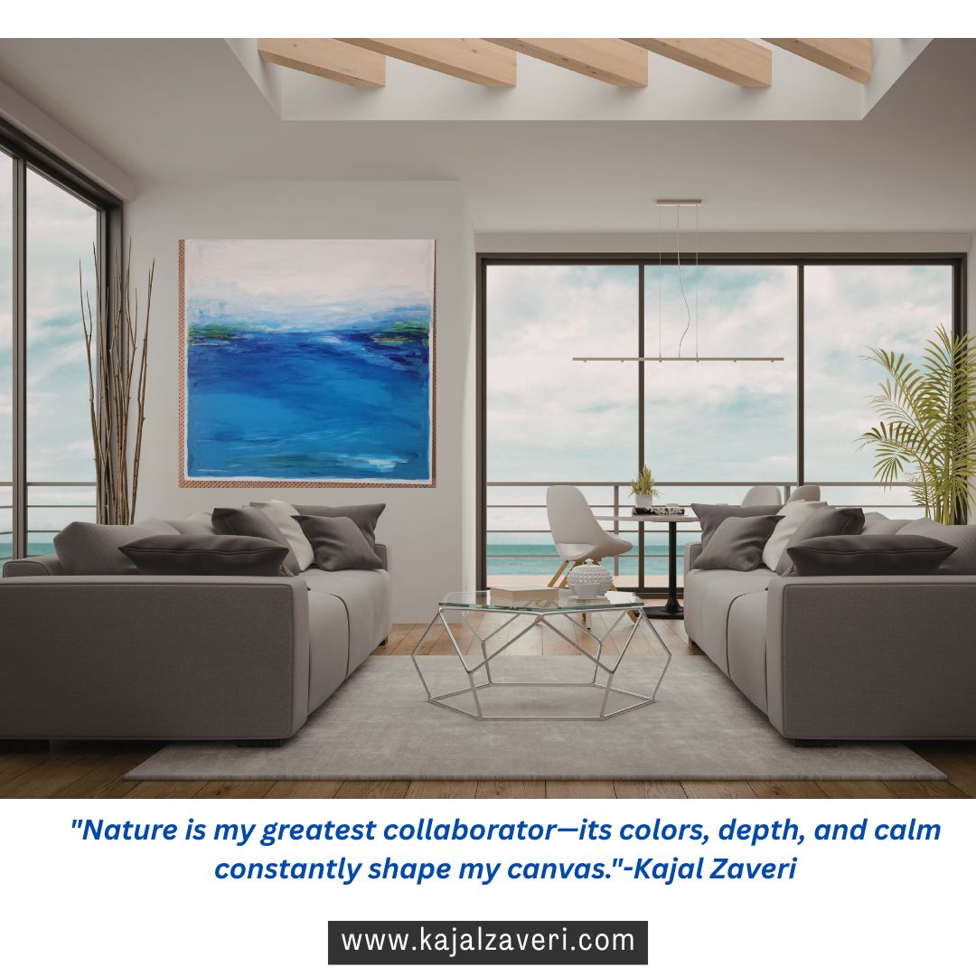 Living room with two gray sofas, large window, artwork, and a glass table, overlooking a balcony with ocean view.