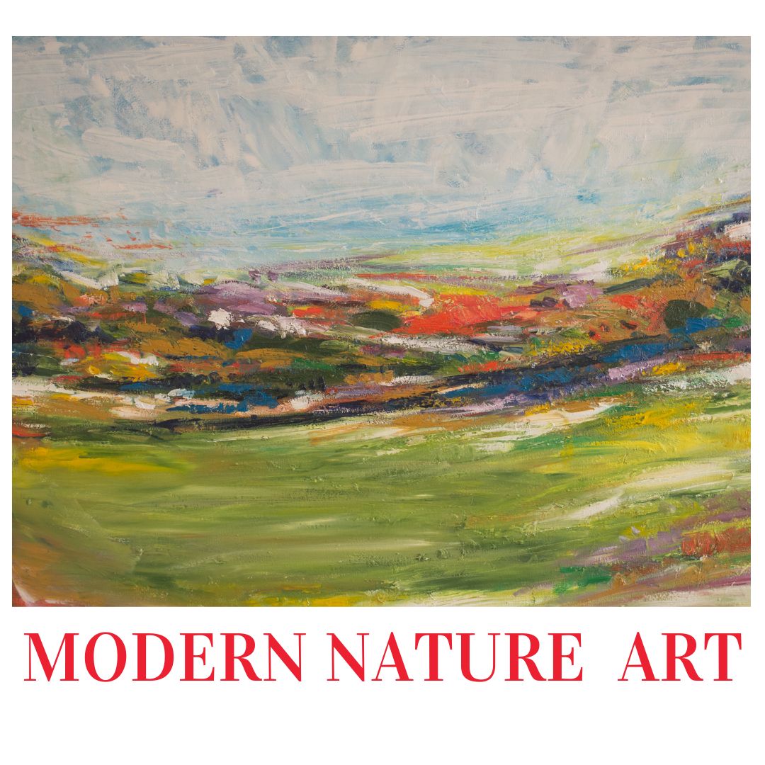 Abstract landscape painting with colorful brushstrokes, sky, hills, and green foreground, titled 'MODERN NATURE ART'.