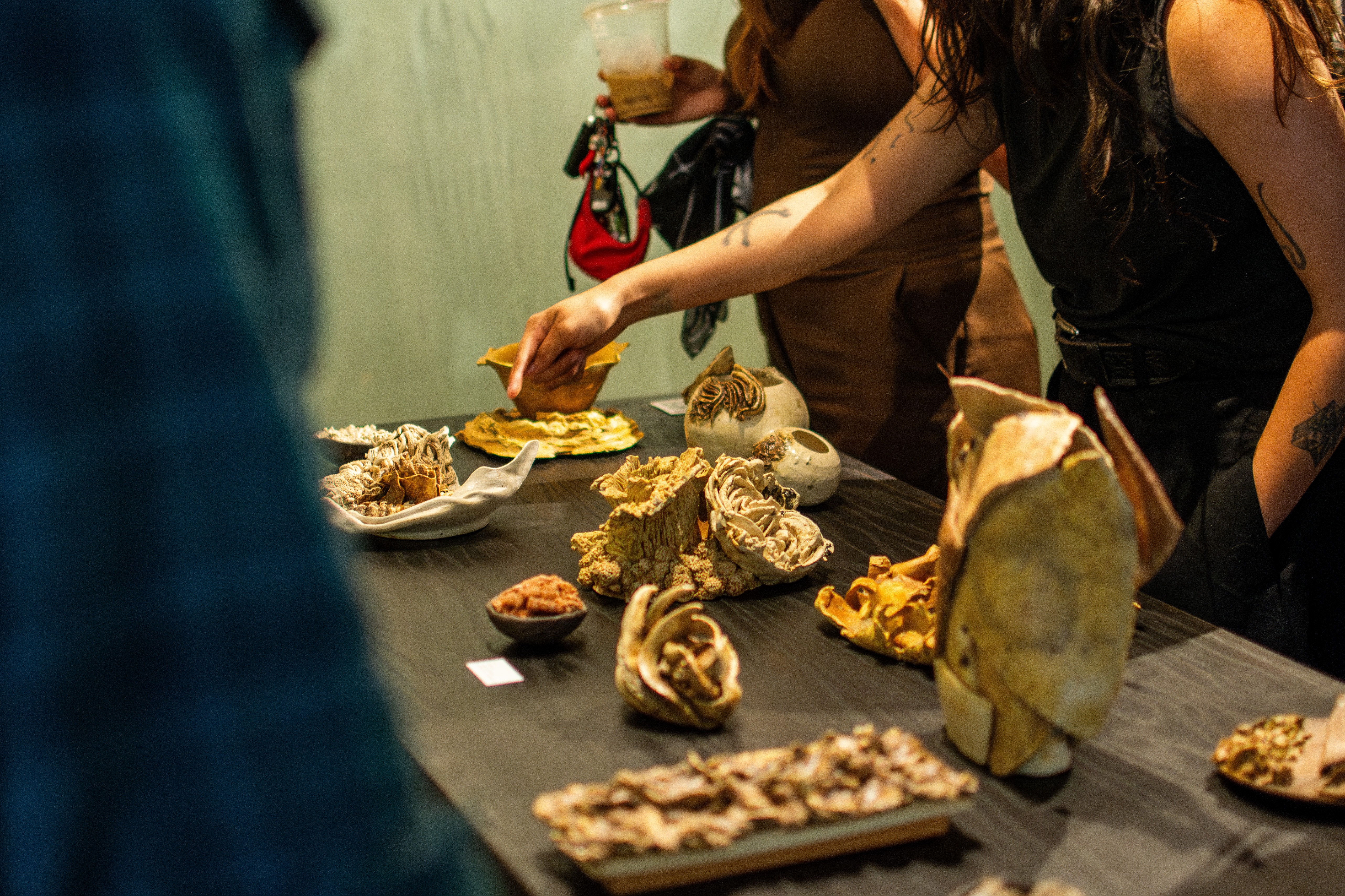 People gather around a table with various seashells and artifacts, some reaching for items, in an indoor setting.