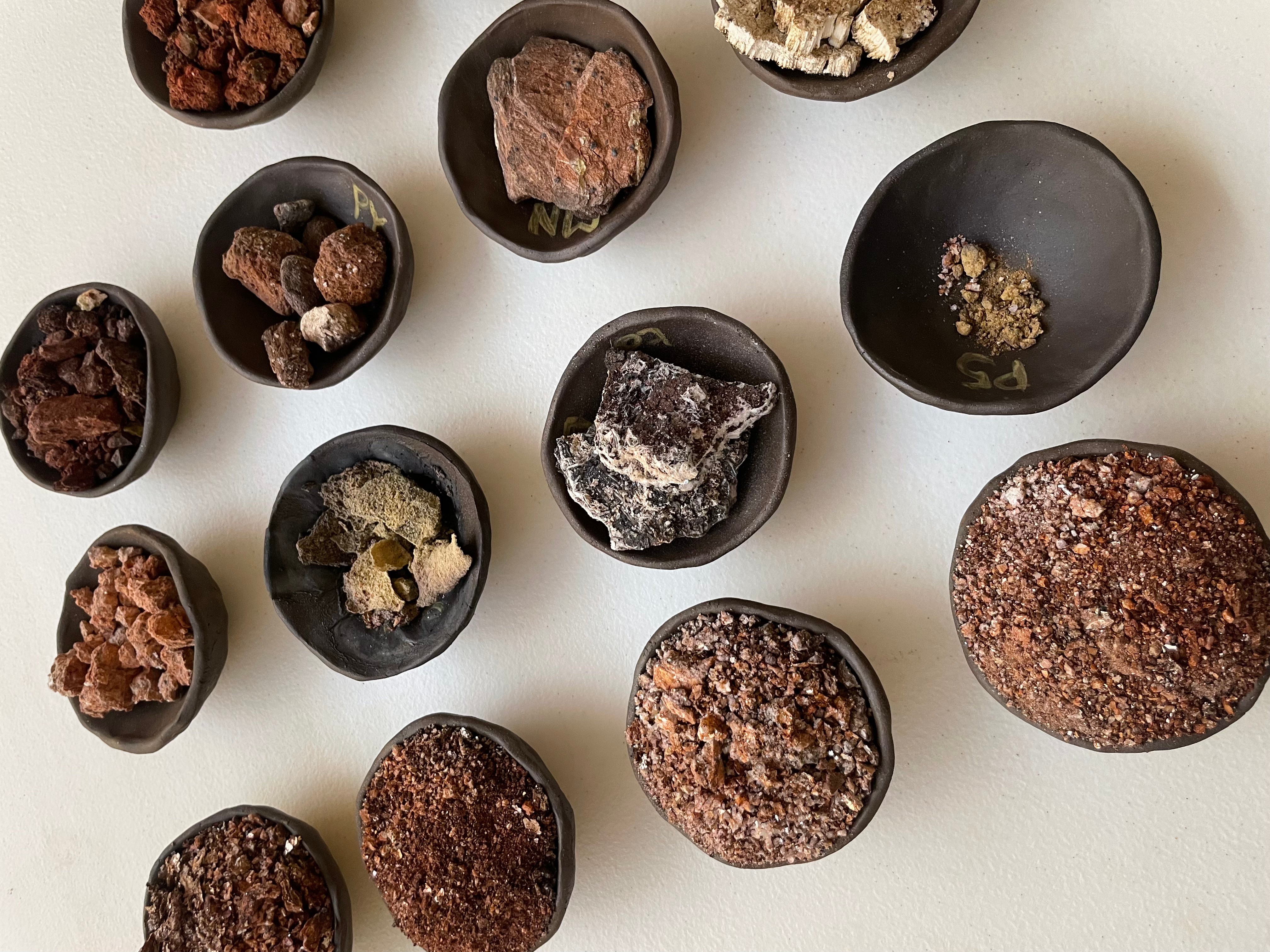 Various rocks and minerals in small black bowls on a white surface, arranged randomly.