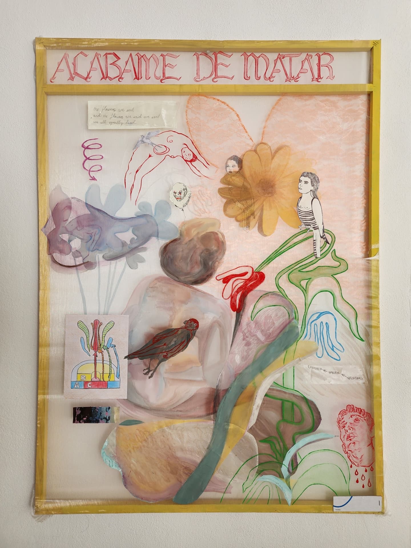 Mixed media artwork with animals, plants, and text, featuring a yellow frame and various colorful illustrations.