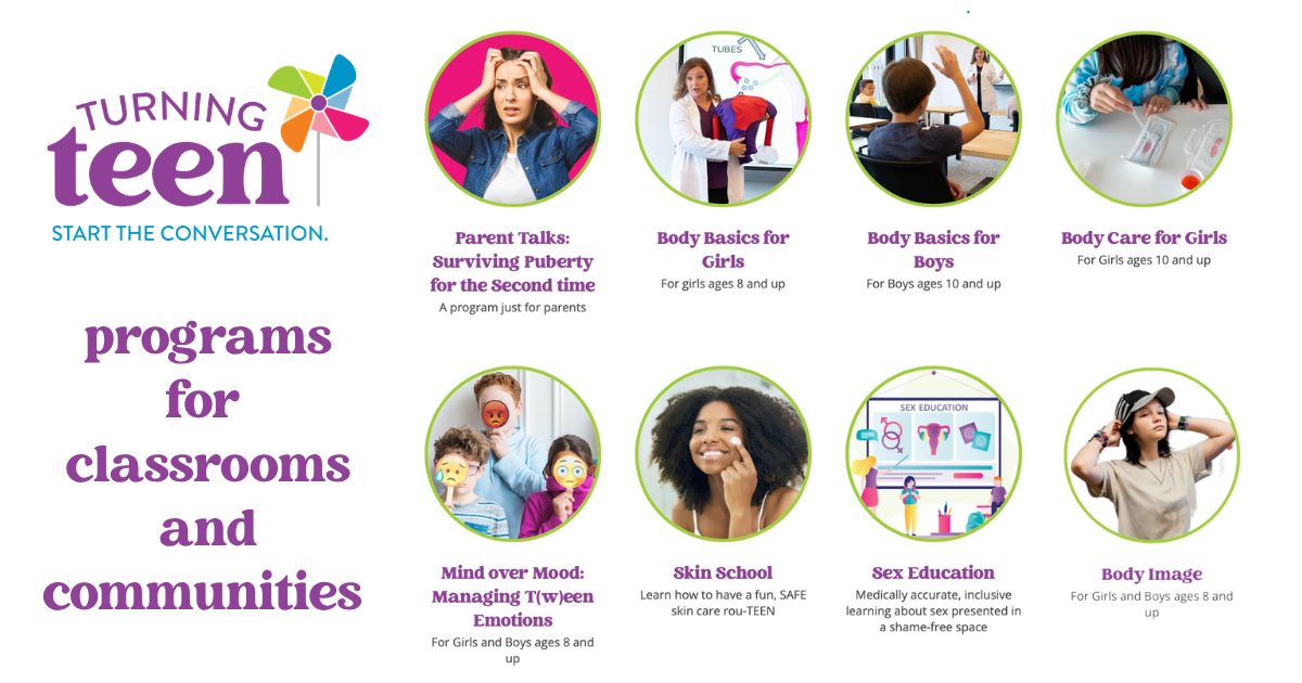 Title page with colorful text and images about programs for classrooms and communities, including teens, parents, and health topics.