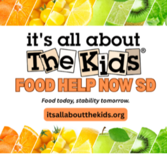 Promotional flyer with colorful fruit images, text about food help for kids, and a website link.