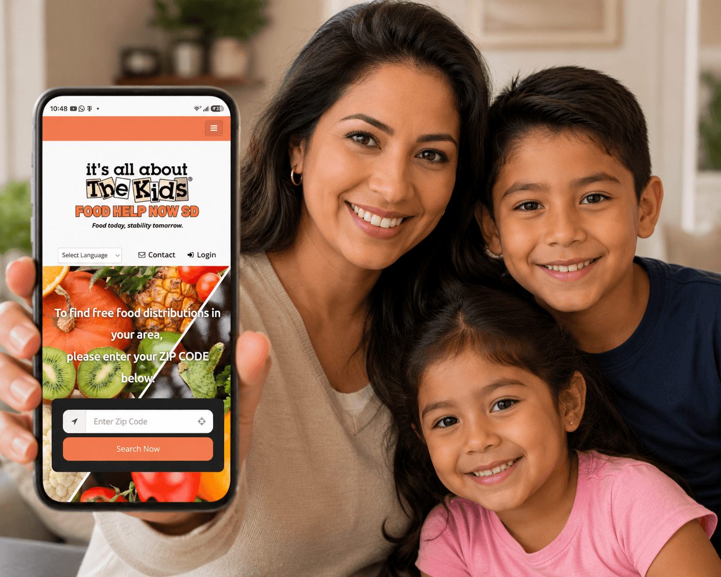 Woman and two children smiling, holding a phone displaying a food delivery app, in a home setting.