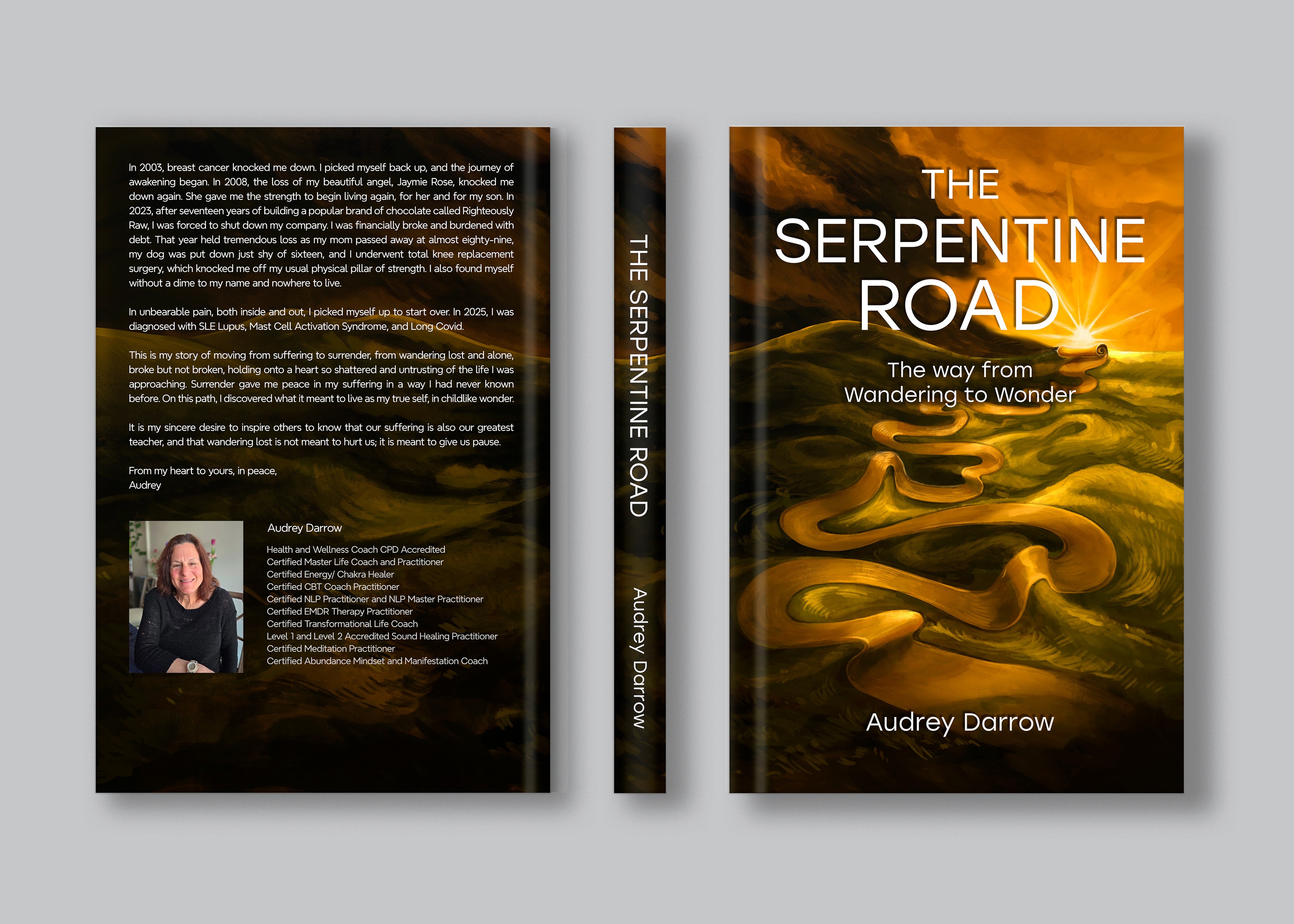 Book cover titled 'The Serpentine Road' with a swirling yellow and black background, author's name Audrey Darrow, and subtitle about wandering.