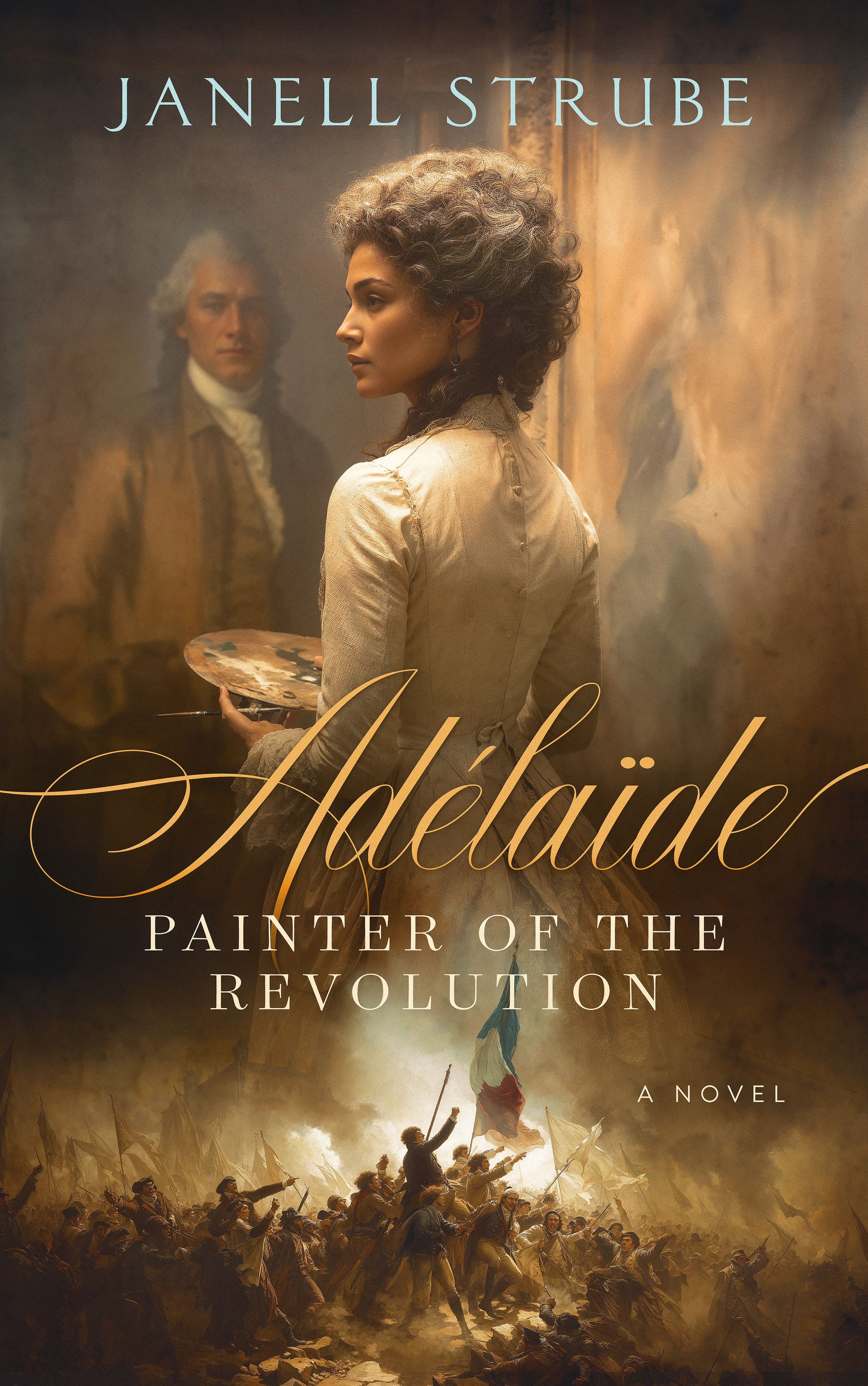 Book cover featuring a woman with curly hair holding a palette, a man in the background, and a crowd scene at the bottom.