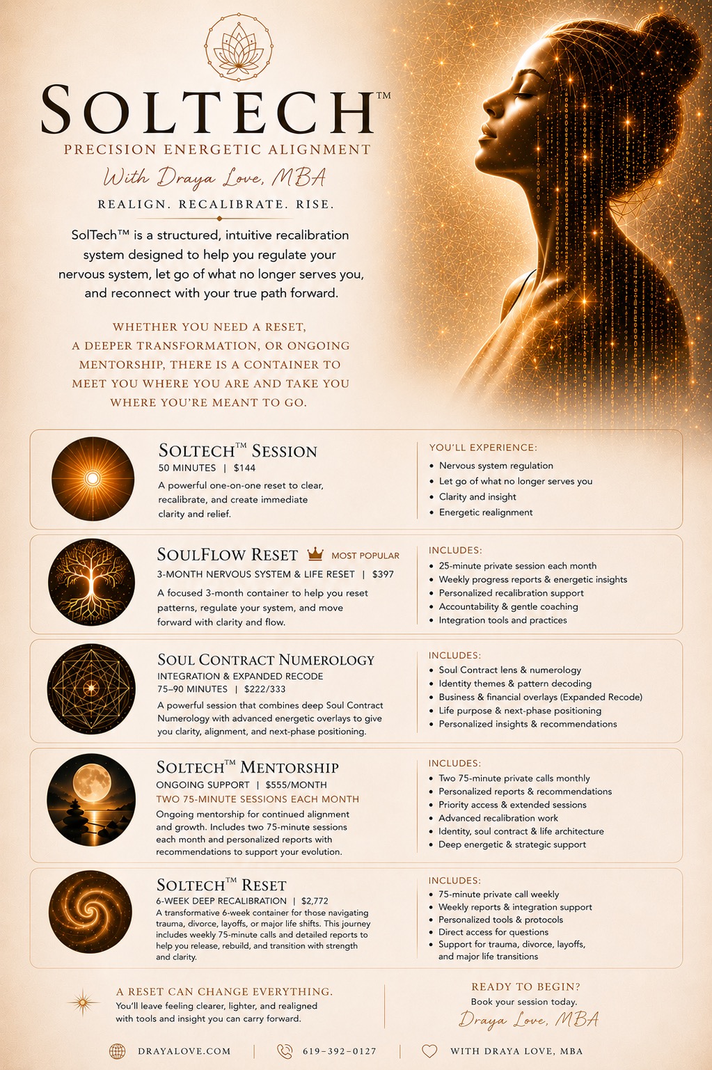 Soltech advertisement with a glowing orb, product descriptions, and a golden background. Text details various products and their benefits.
