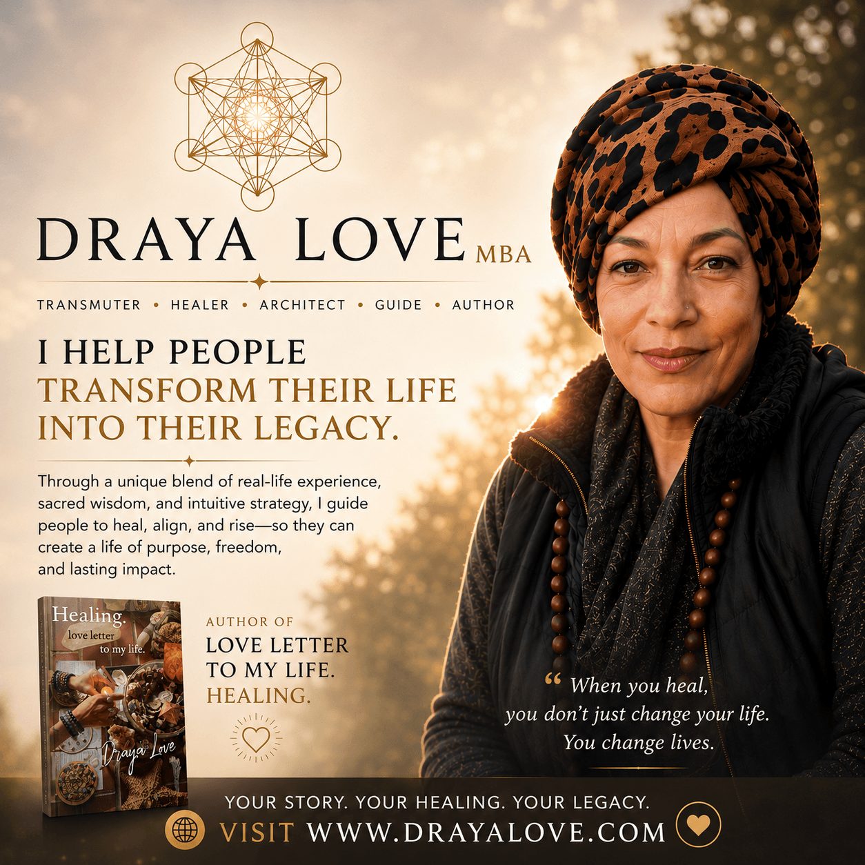 Portrait of Draya Love wearing a leopard print headscarf, smiling, with a book and quote about healing and transformation.