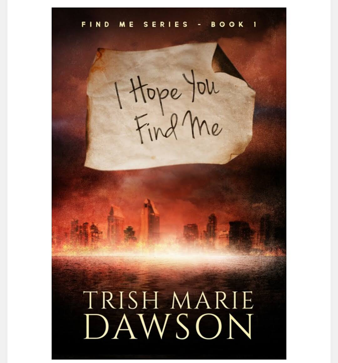 Book cover with a city skyline and a note saying 'I Hope You Find Me'.