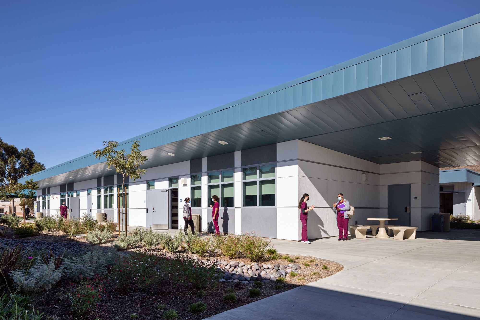 People walking outside a modern building with a blue roof and large windows, sunny day, landscaped area in foreground.