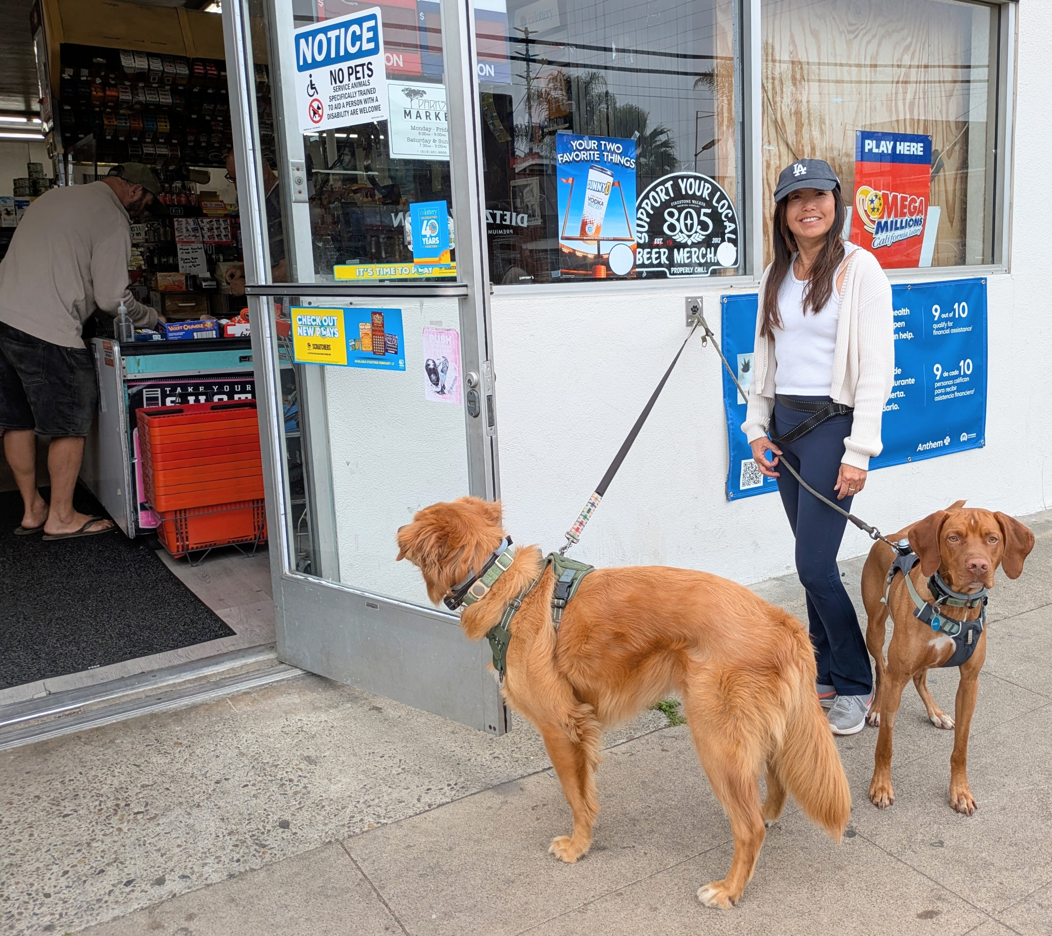 Two dogs on leashes with a woman outside a store entrance, one dog larger and golden, the other smaller and brown. Woman wears a cap and white shirt.
