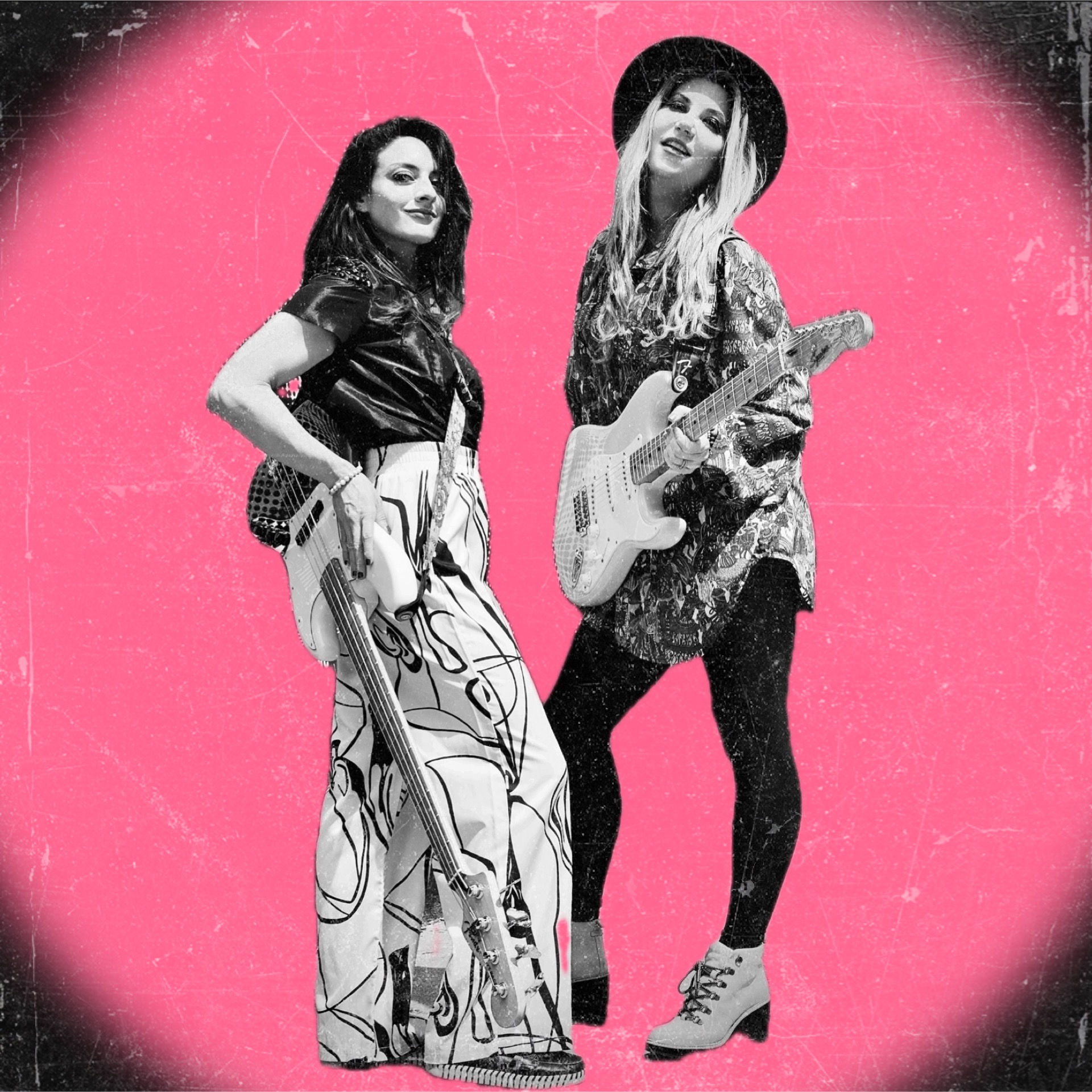 Two women holding guitars, standing against a pink background with a black border, smiling and posing.