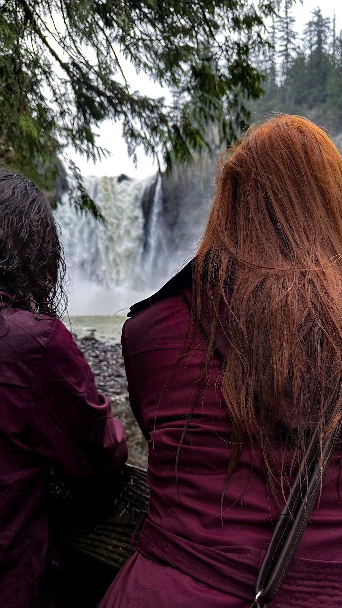 Two people with long hair sit outdoors near a waterfall, surrounded by trees, with their backs to the camera.