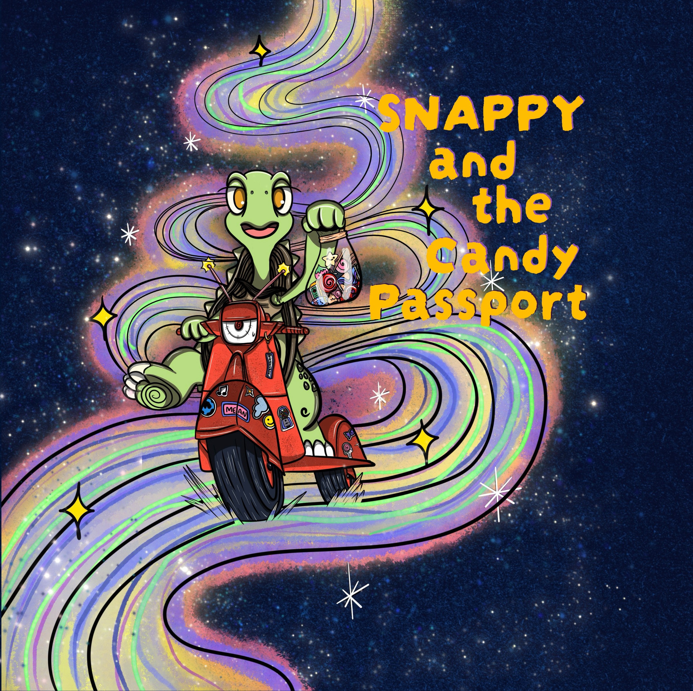 Cartoon frog riding a red scooter through space with colorful swirls and stars, holding a candy passport, with text on the right.