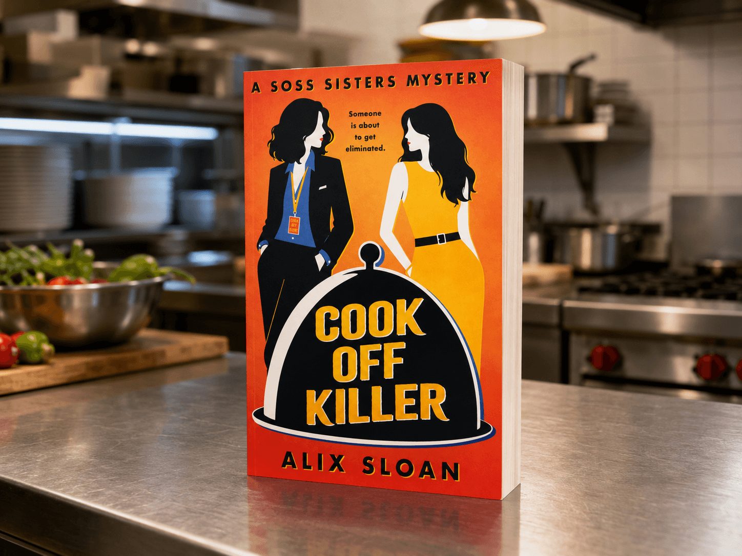 Book cover titled 'Cook Off Killer' with two women in professional attire, silhouette of a person in the center, kitchen background