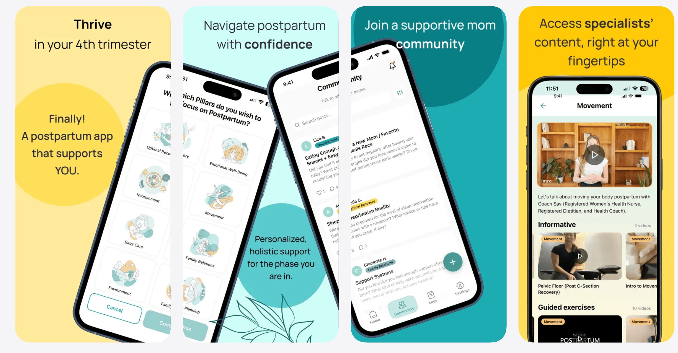 Four smartphones display health and community support app screens with colorful backgrounds and text. Word count: 20.