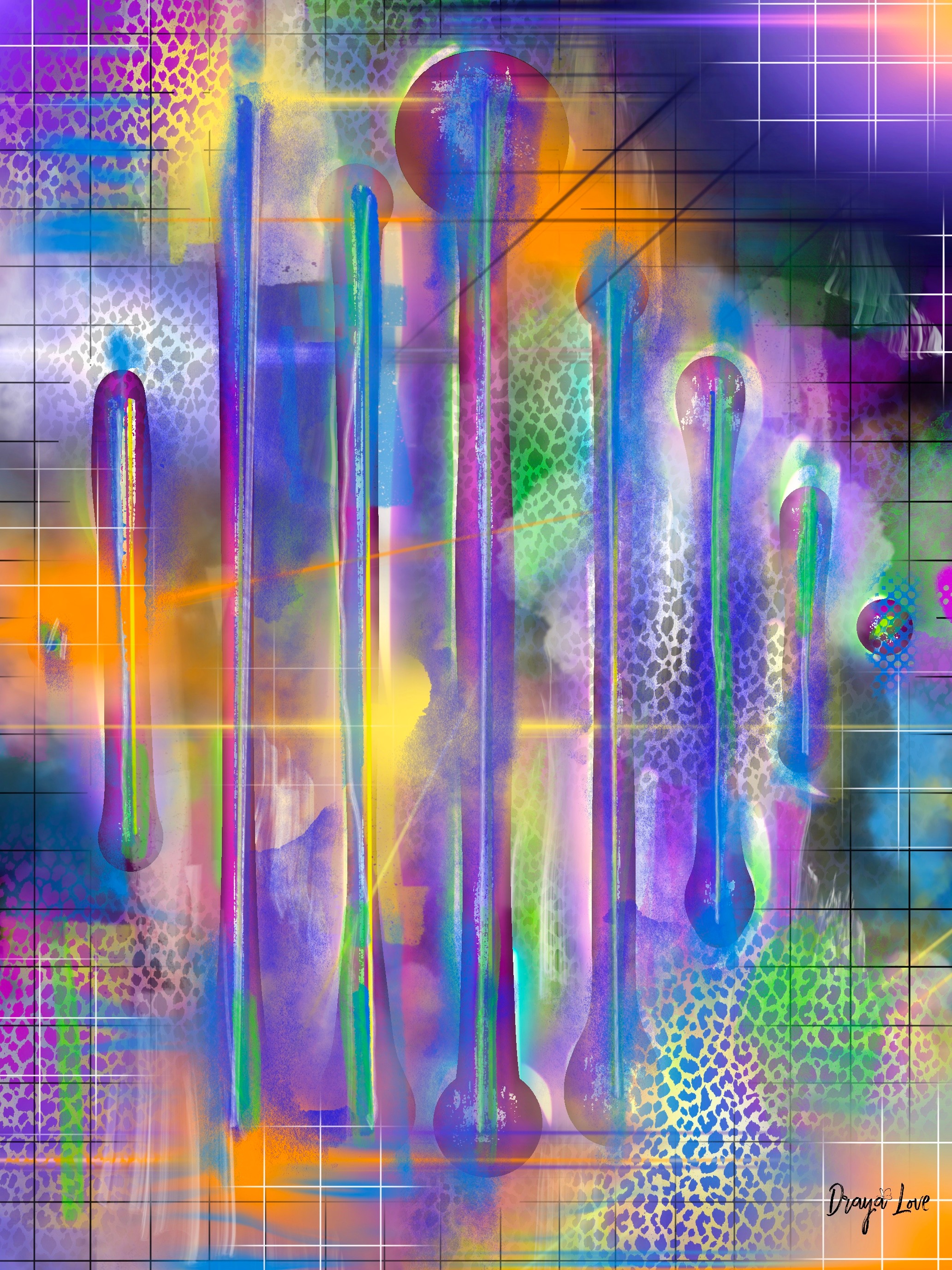 Abstract colorful artwork with vertical dripping shapes, grid patterns, and vibrant splashes of color.