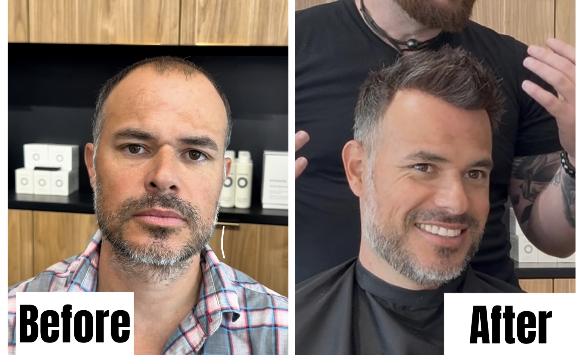 Side-by-side images of a man before and after a haircut, showing a change in hairstyle and appearance.