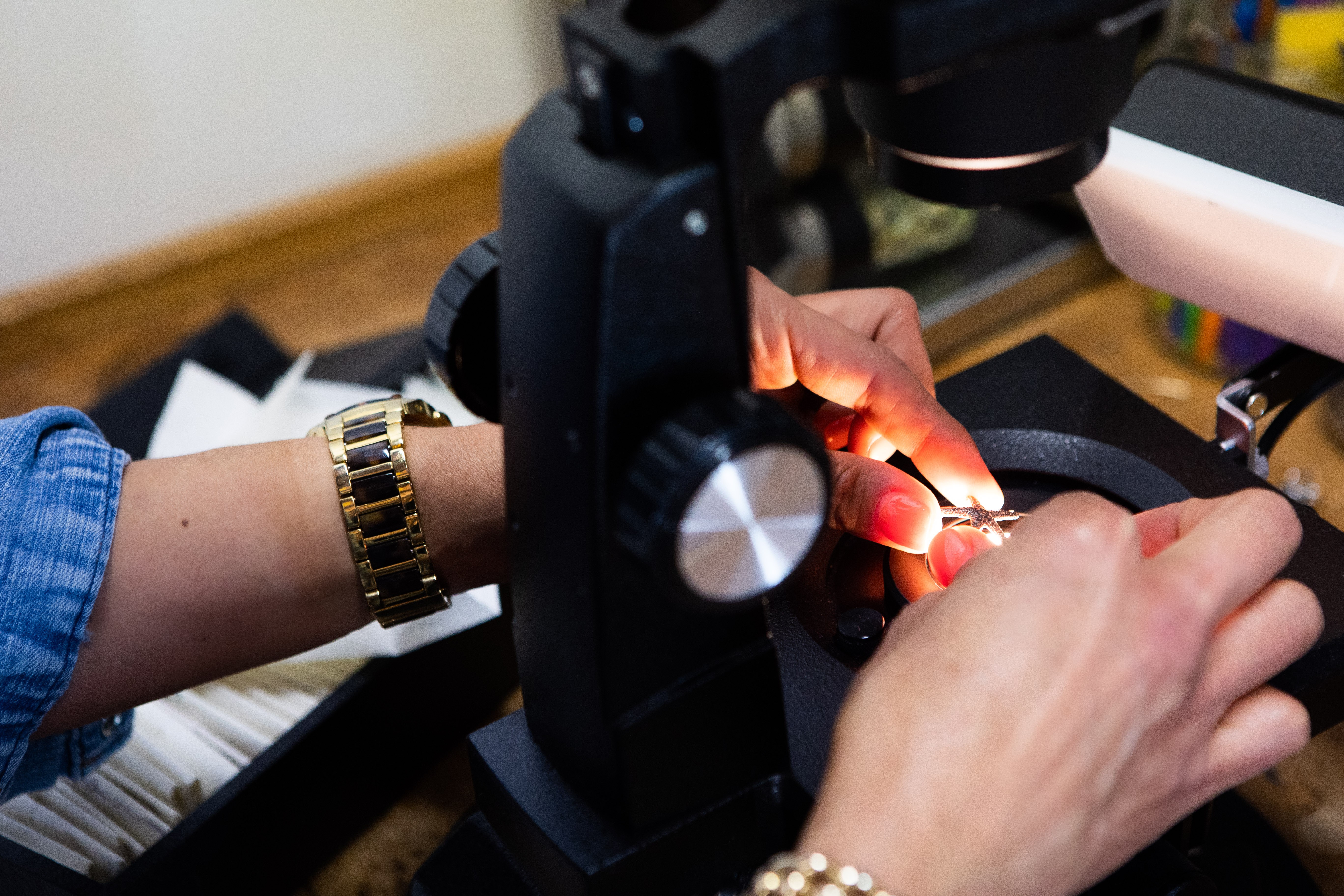 Person using a microscope to examine a sample, with a hand adjusting the focus knob, in a laboratory setting.