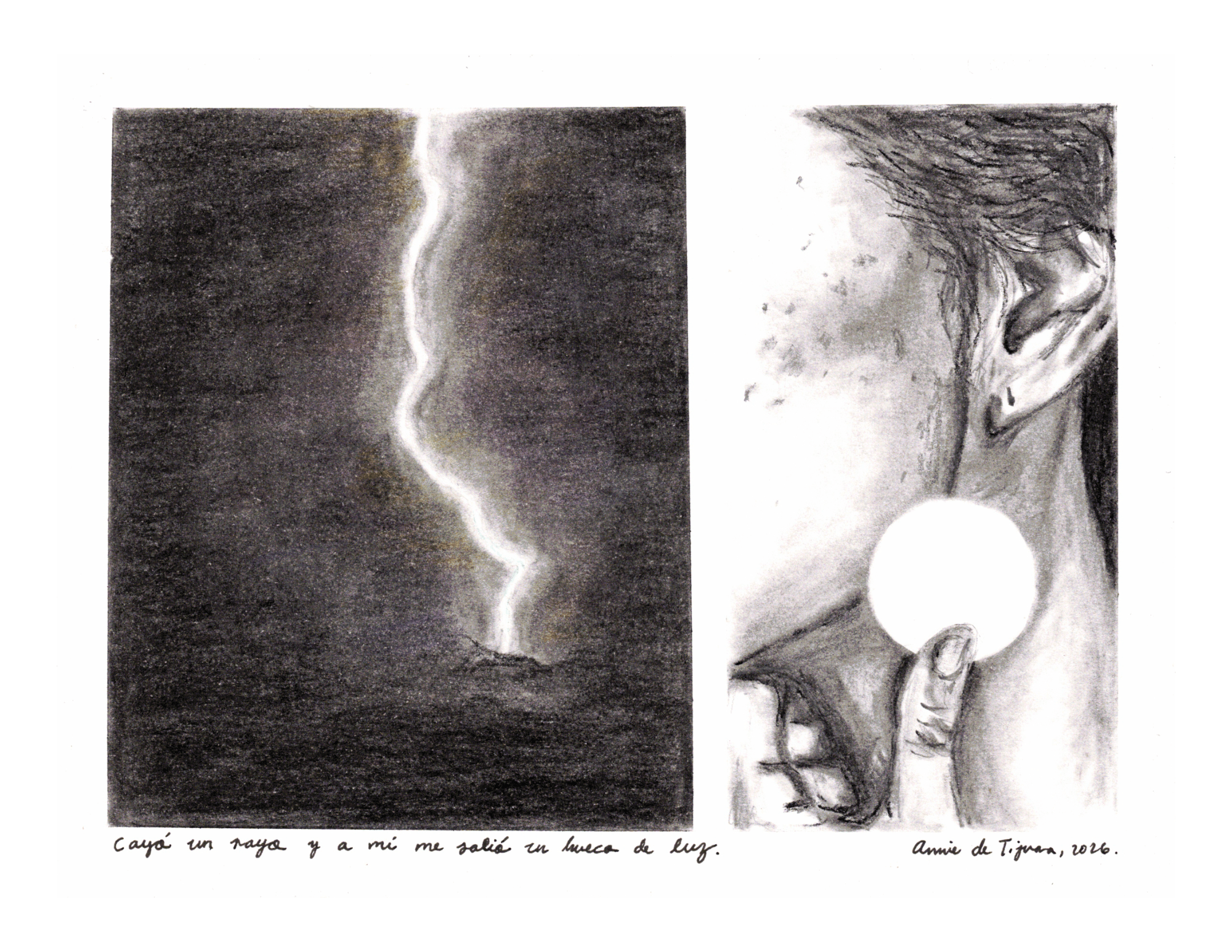 Two sketches: a lightning bolt in a dark sky and a person holding a round object near their face.