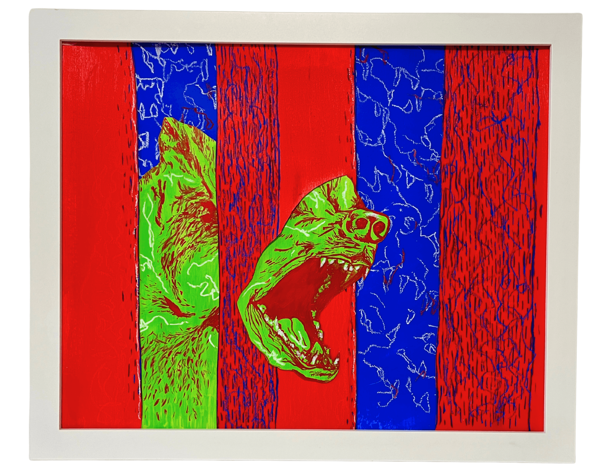 Colorful artwork with a green dinosaur head on a red and blue striped background.