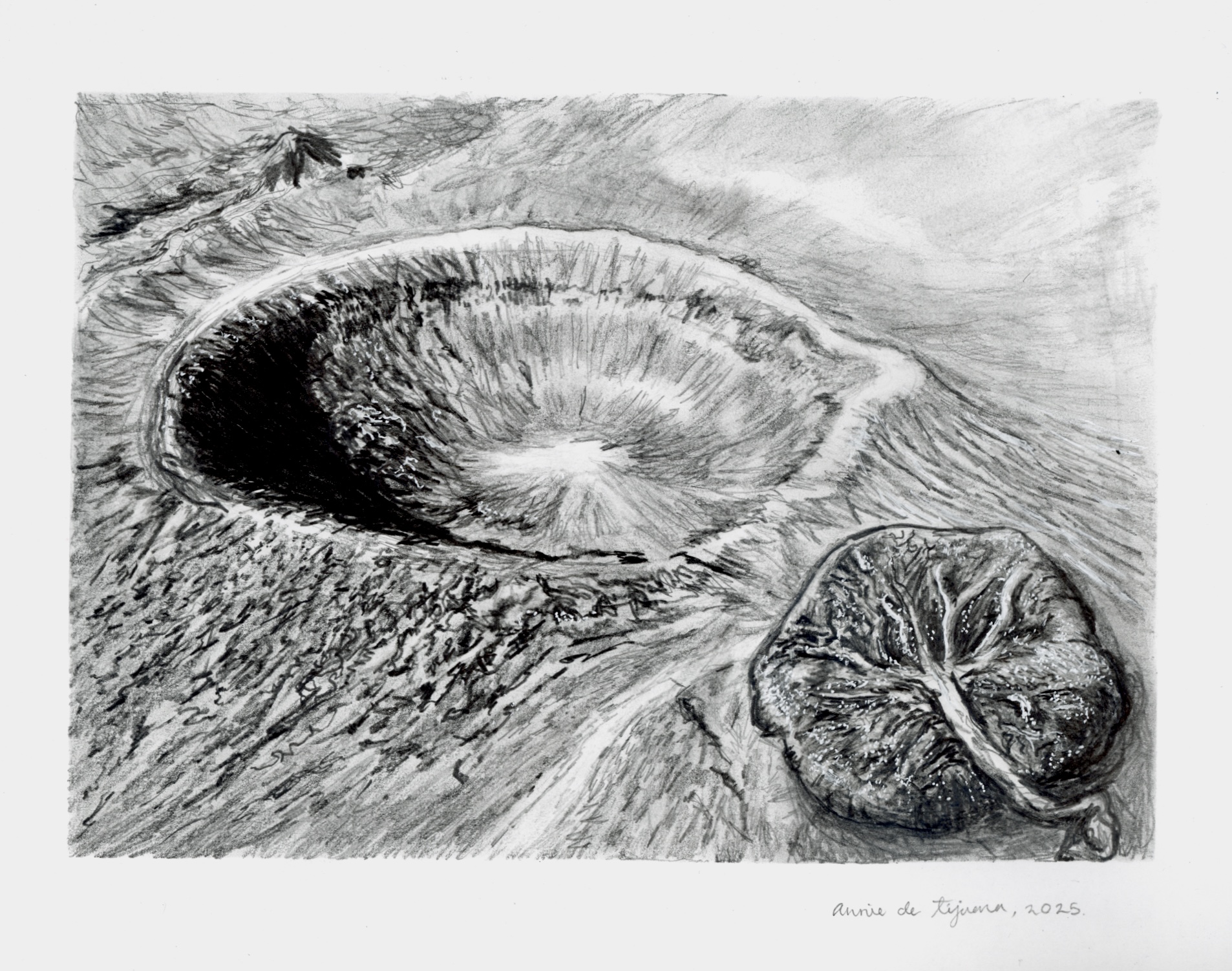 A detailed sketch of a volcanic crater with a smaller crater nearby, showing textured terrain and volcanic features.