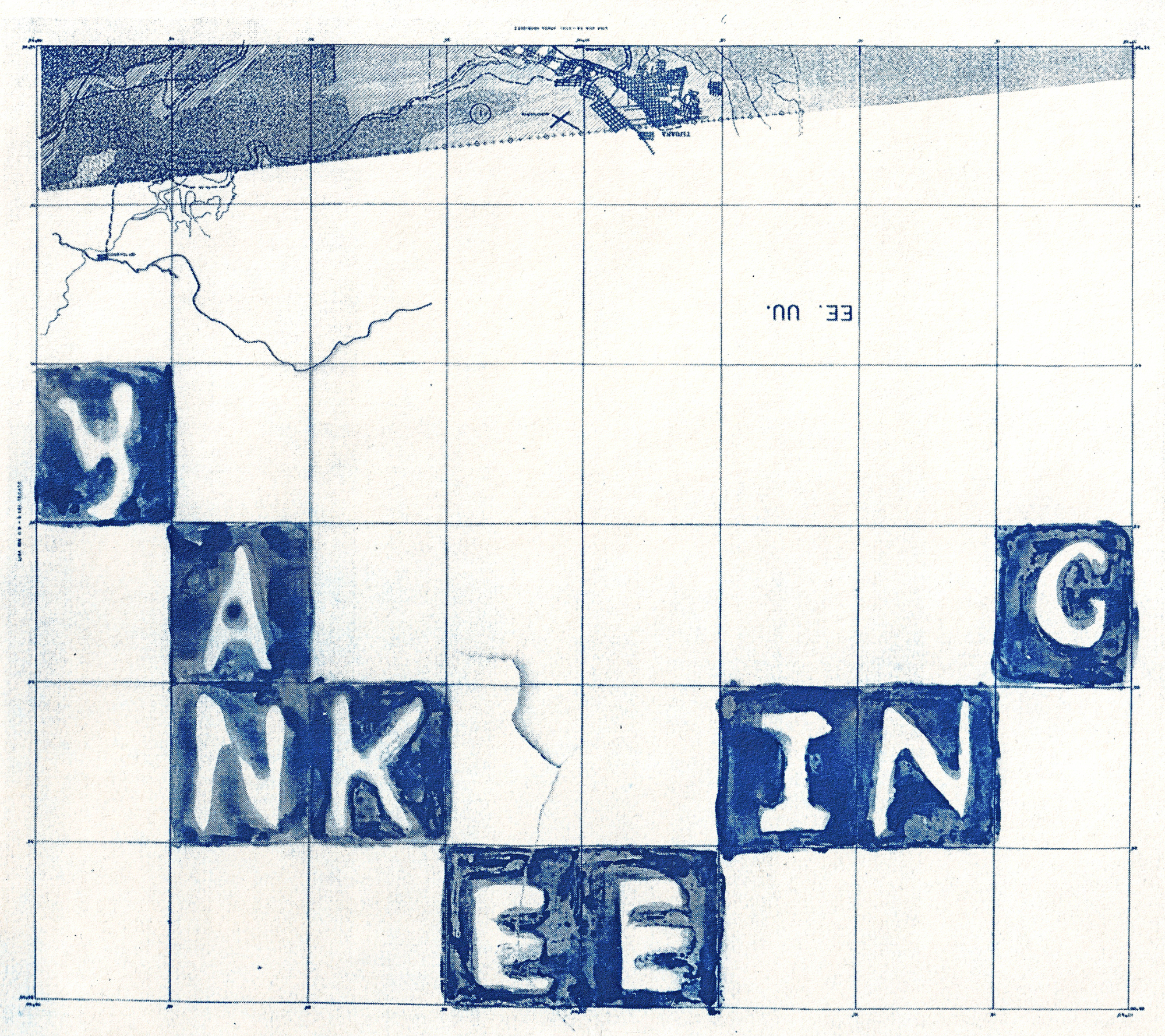 Grid with blue tiles spelling 'BANK', 'IN', and 'EE', arranged in a crossword pattern.