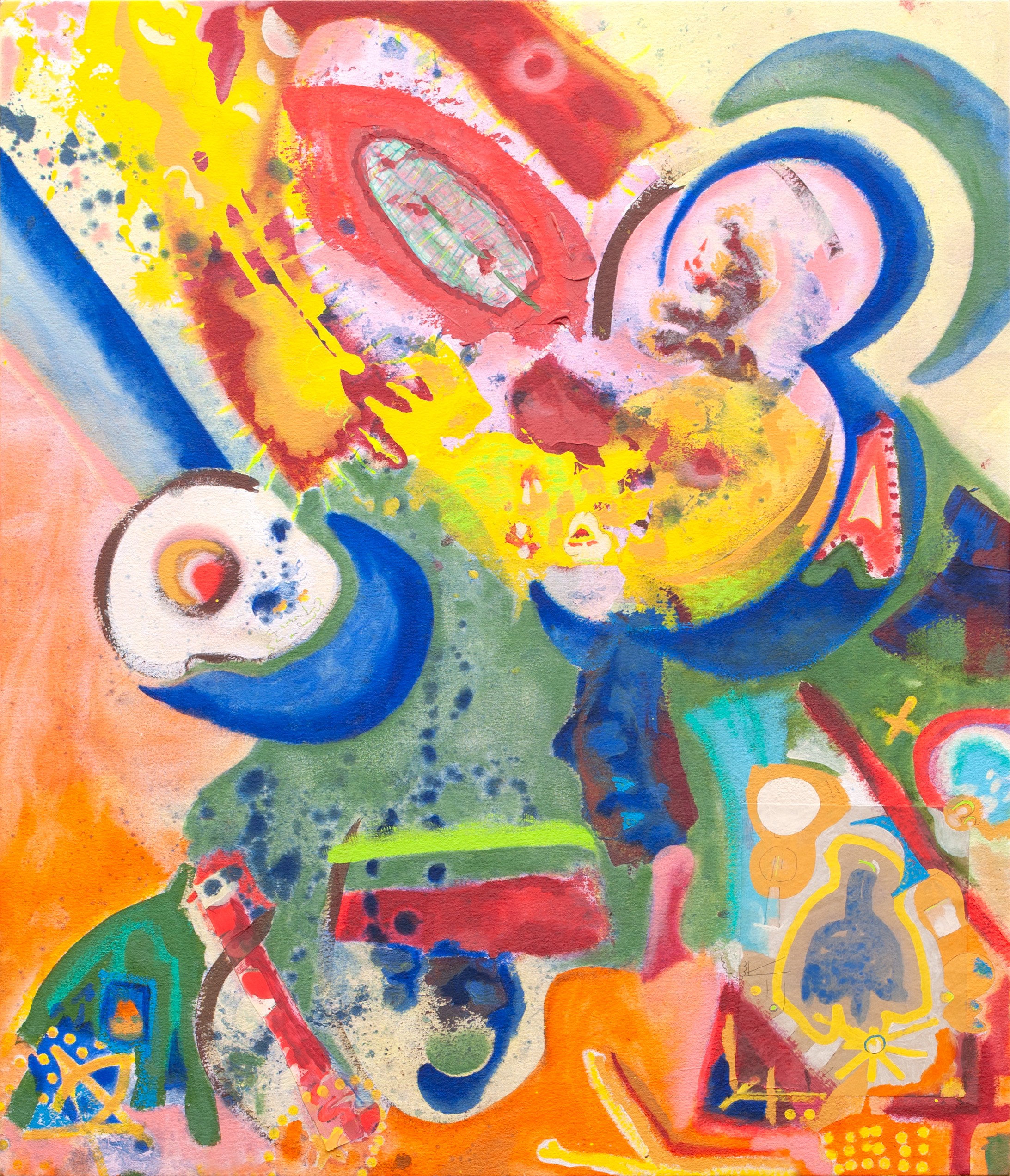 Abstract colorful painting with shapes, splashes, and patterns, including a skull-like figure, a rainbow, and various geometric forms.