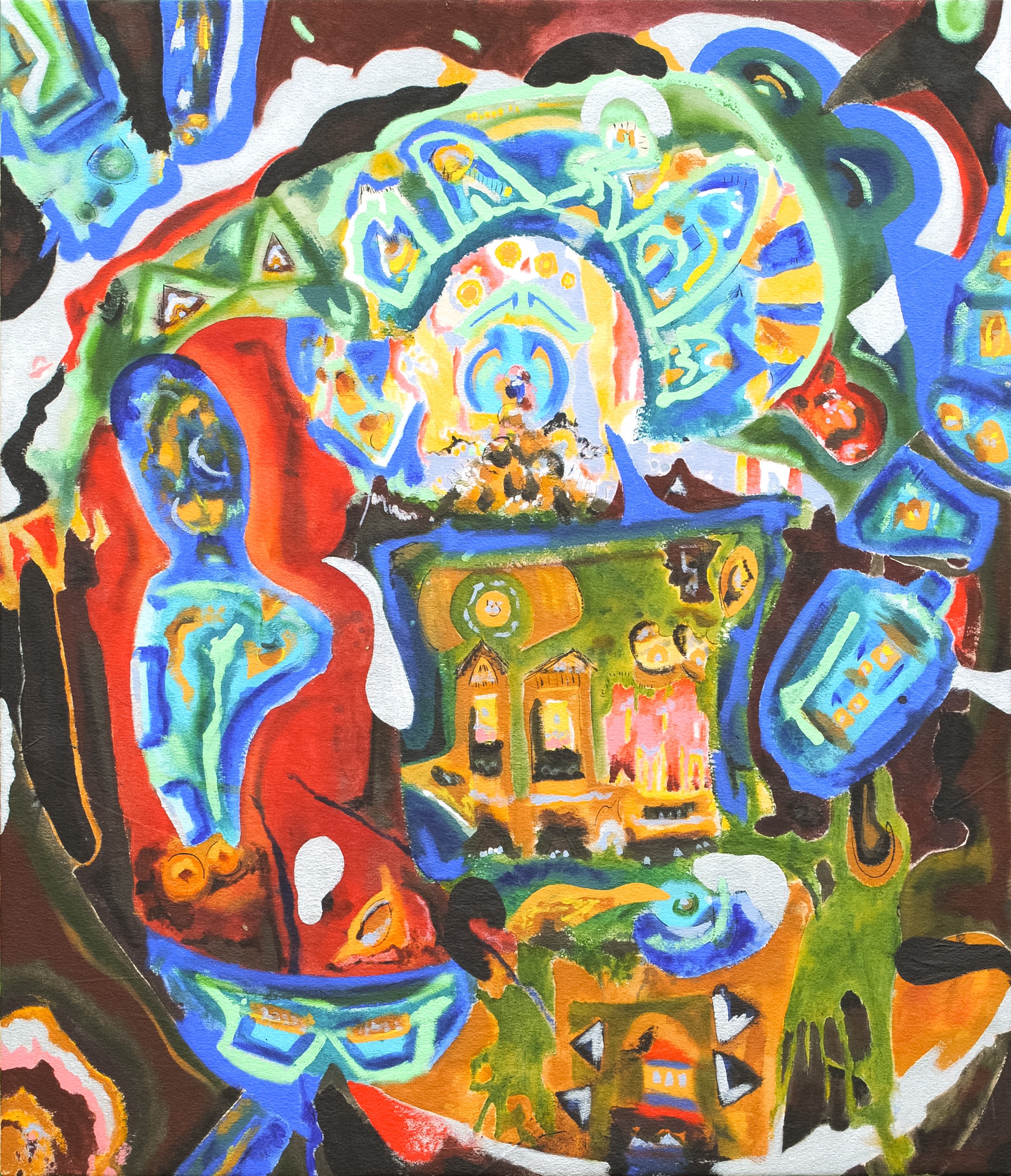 Colorful abstract painting with various shapes and figures, including a central circular element, vibrant colors, and layered patterns.