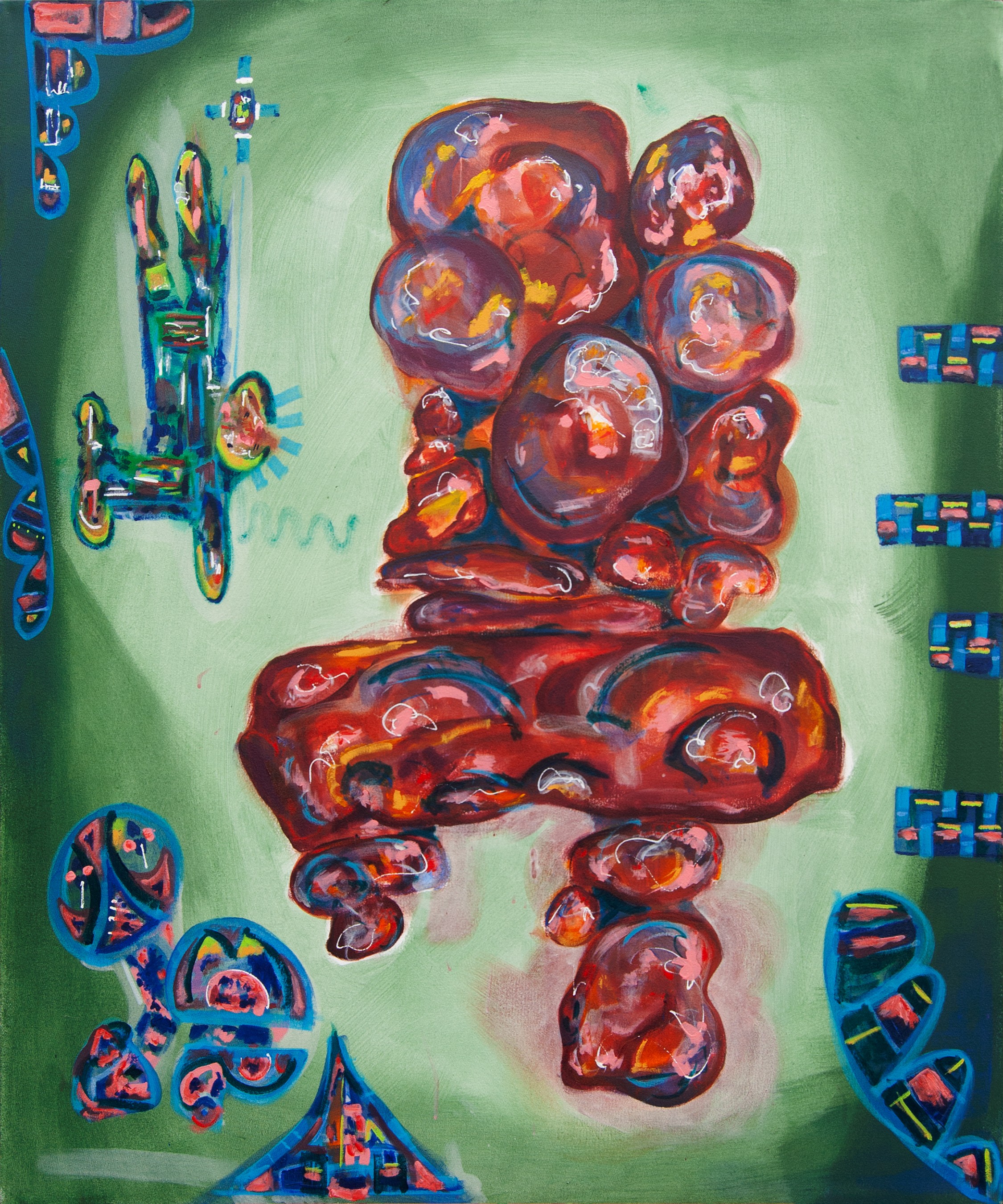 Abstract colorful sculpture with rounded shapes on a green background, surrounded by smaller geometric patterns and designs.