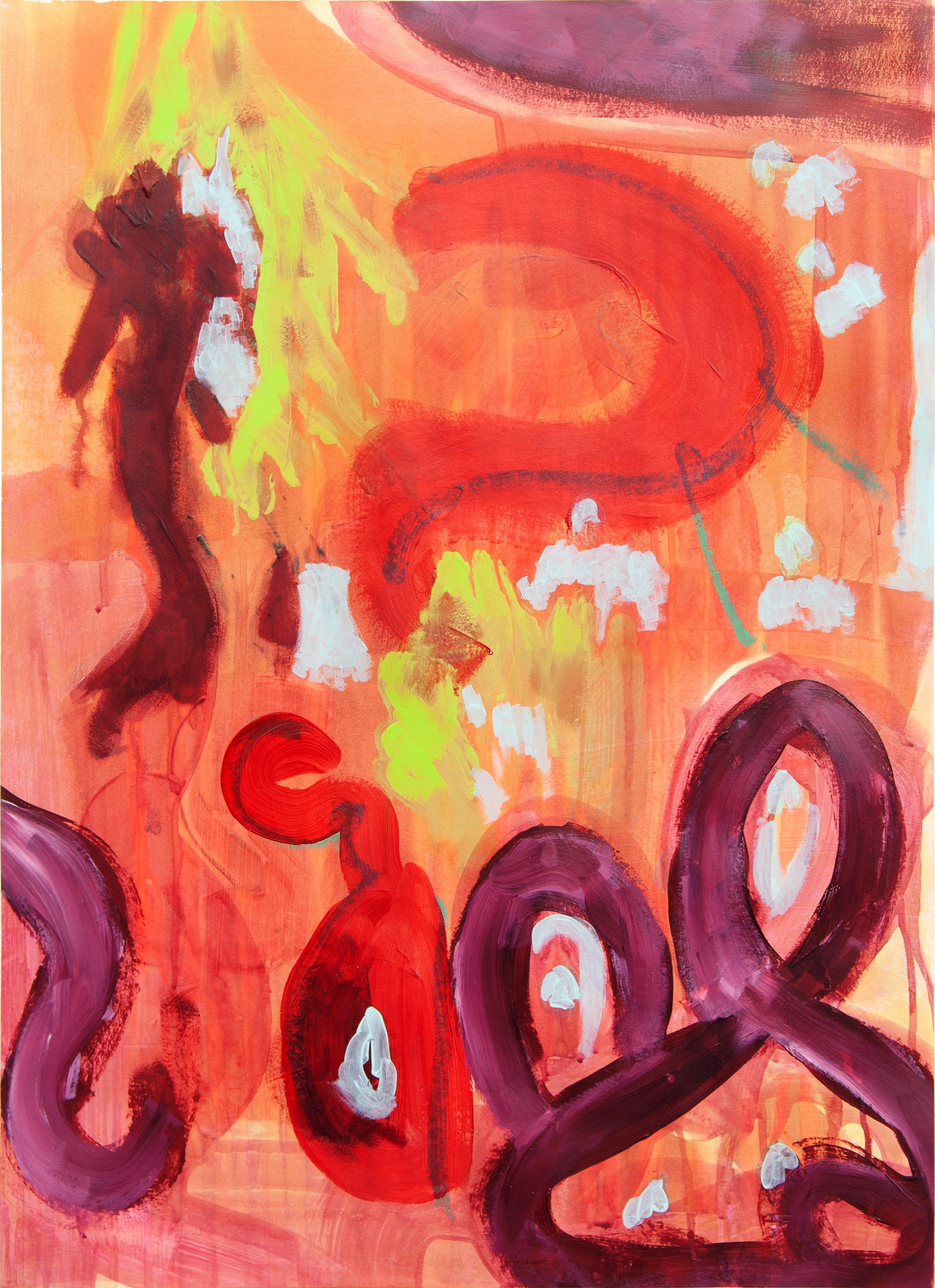 Abstract painting with fiery colors, a silhouette of a person, and large red and purple shapes.