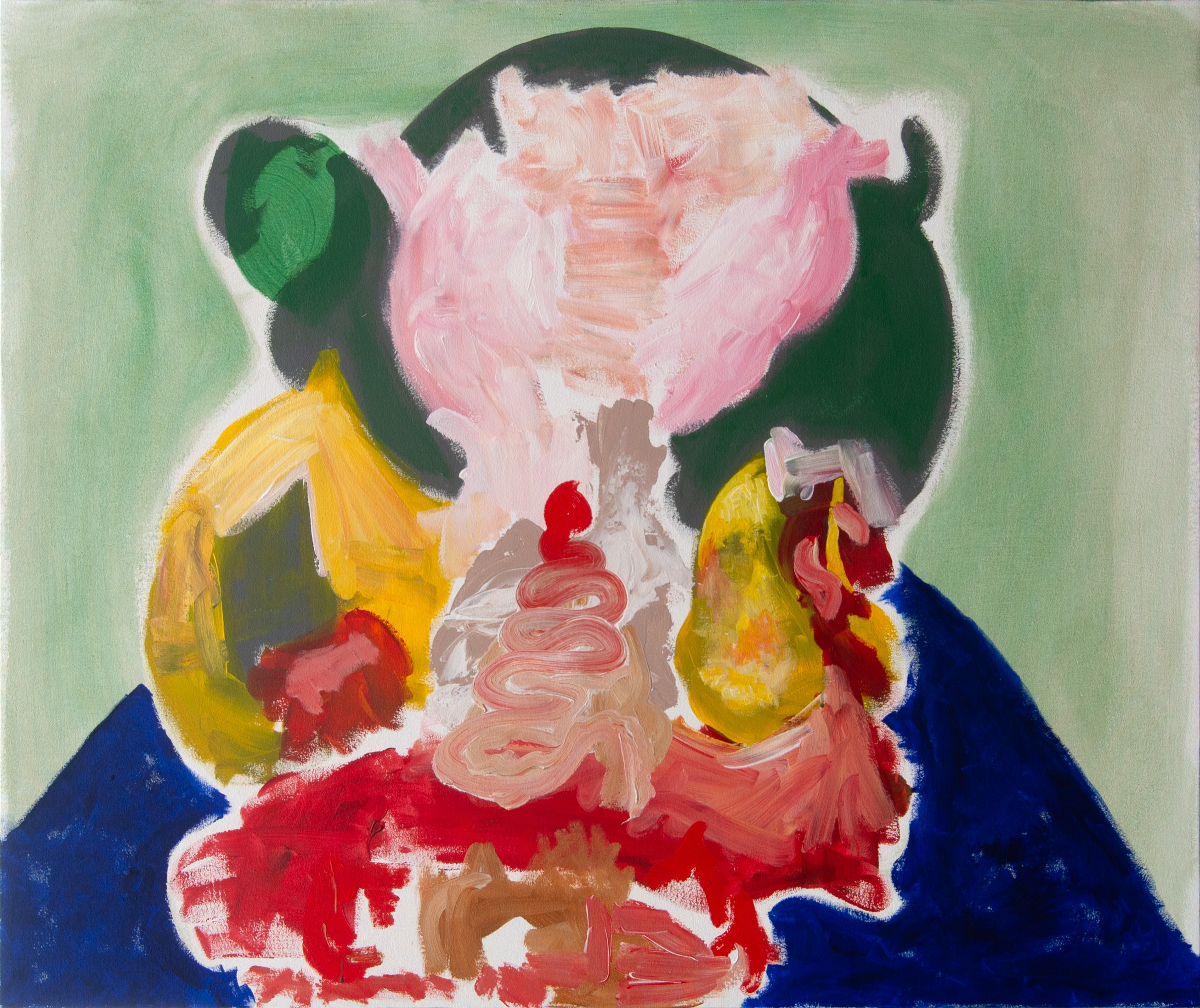 Abstract painting of a cow with pink, black, yellow, red, and blue colors, with a green background.