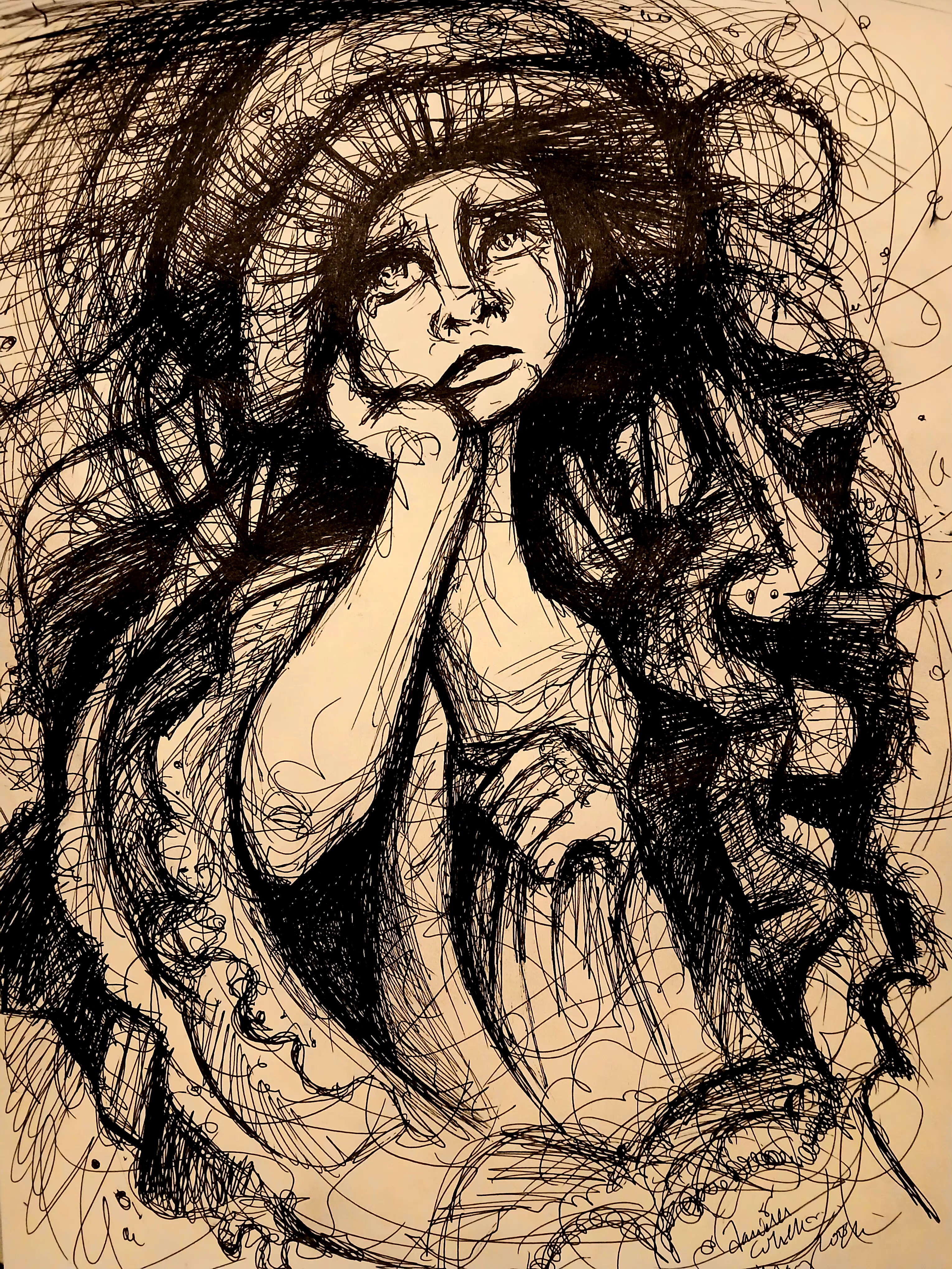 Sketch of a woman with long, curly hair, resting her chin on her hand, looking thoughtful, with a hat and flowing clothing.