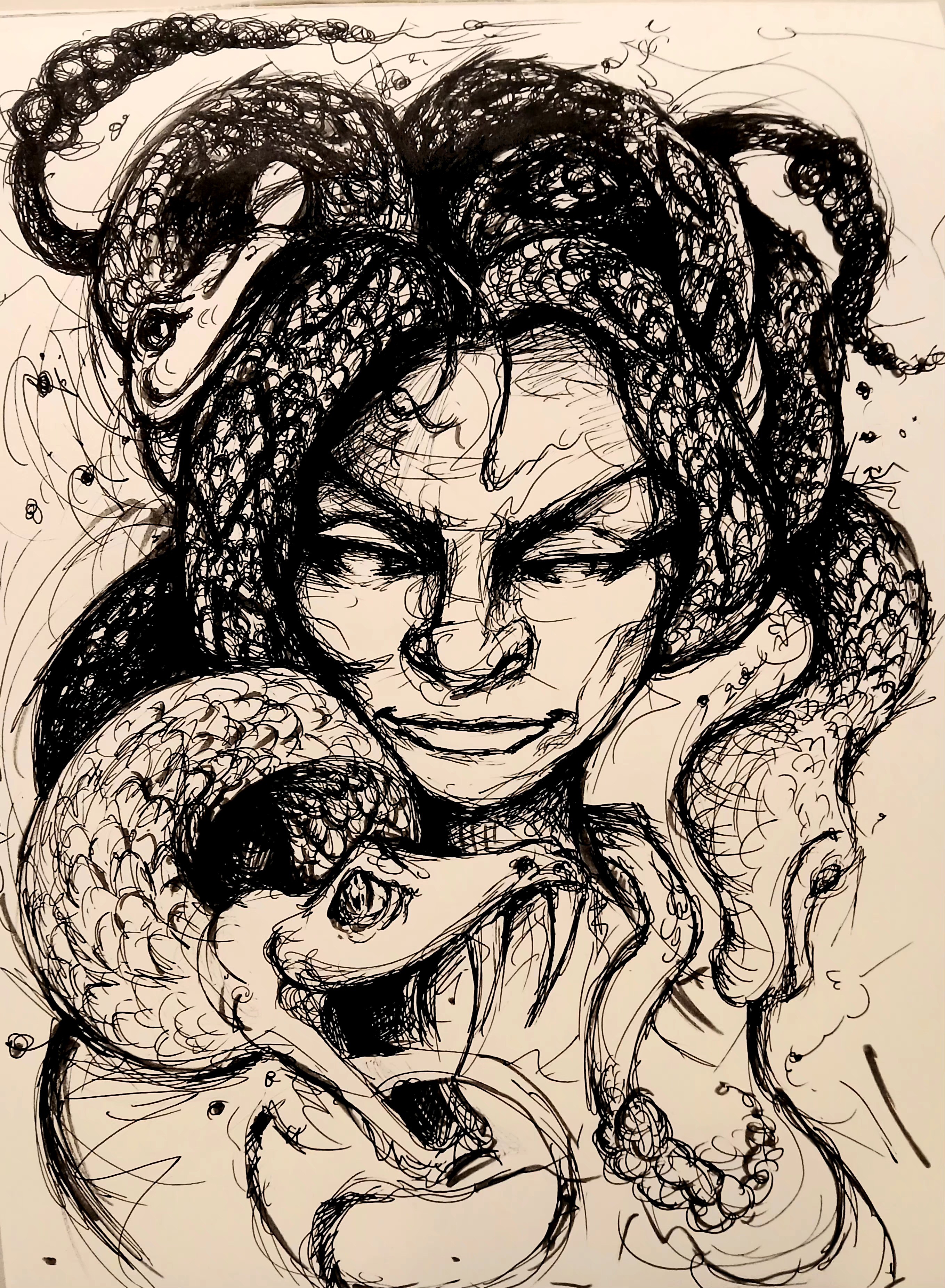 Black and white sketch of a woman with snakes intertwined in her hair and around her face, some snakes with open mouths.